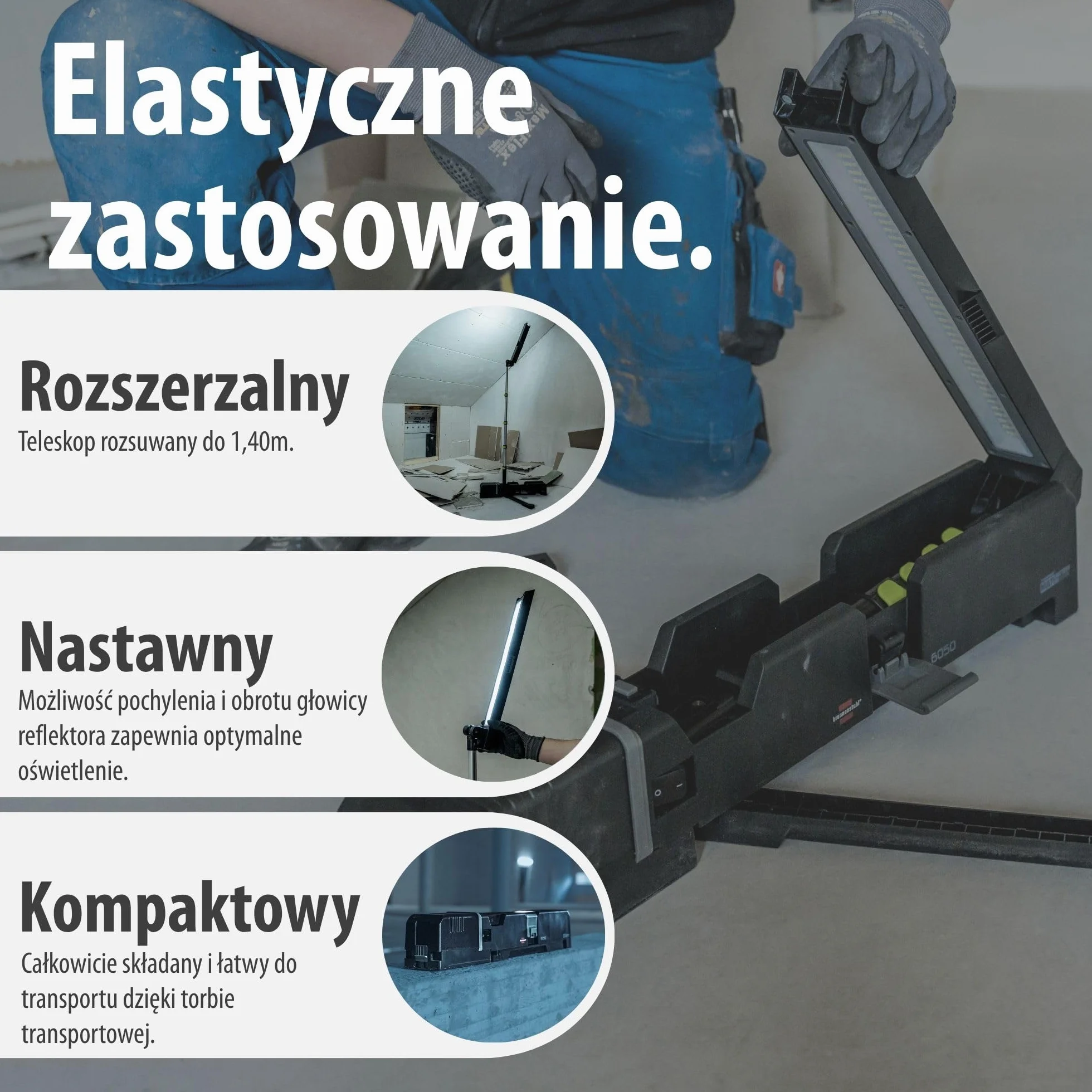 Brennenstuhl Multi Battery LED Akku Teleskopowa lampa robocza 6050 MA (7700lm, IP54, kompatybilny z akumulatorami 18V od 10 różnych producentów, bez baterii, Engineered in Germany)