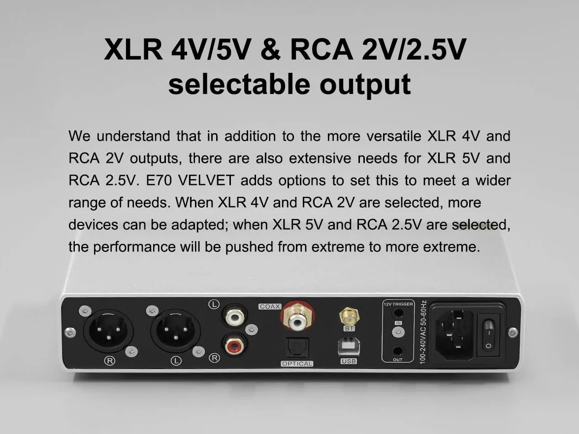 Topping E70 Velvet DAC AK4499EX XU316 DSD512 PCM768 kHz Bluetooth 5.1 LDAC 24 bit/96kHz srebrny