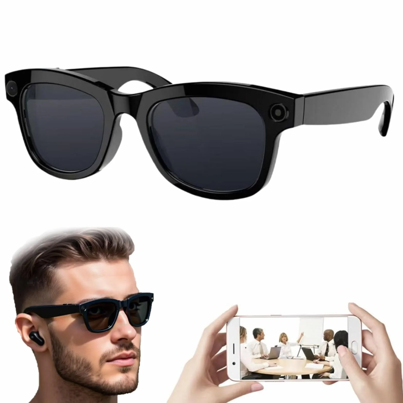 Inteligentne okulary AI z kamerą HD 500 W Pixels i głośnikami, sterowaniem głosowym, odtwarzaniem muzyki,tłumaczeniem w czasie rzeczywistym, transmisją Wi-Fi, do podróży, muzyki, połączeń,A