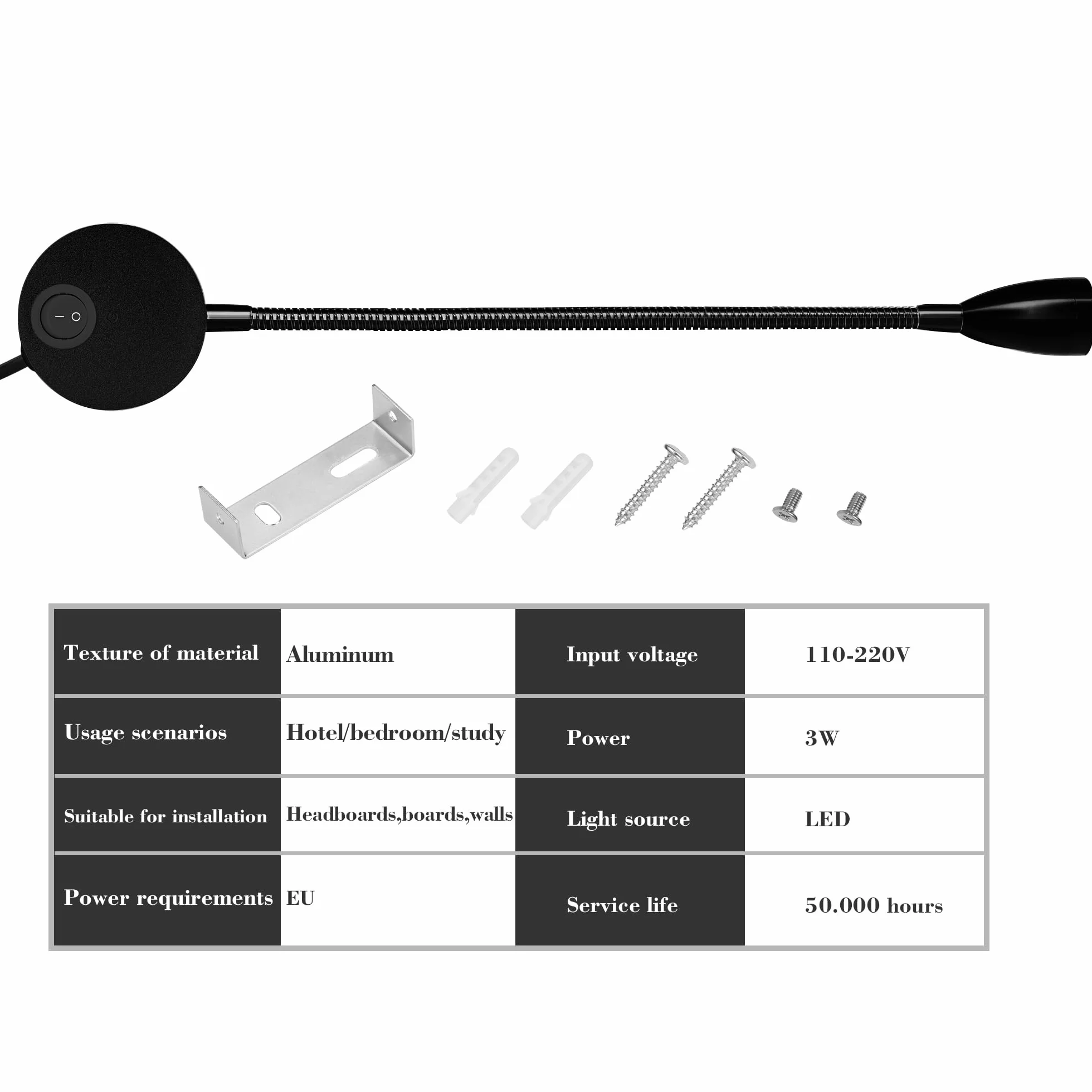 Lampka do czytania LED,Lampka nocna naścienna na biurko z Przełącznik dotykowy Ciepłe oświetlenie,200lm / 3000k / 3w / 110-240v Ac, kąt wiązki: 30°, Długość gęsiej szyi:28cm (czarny)