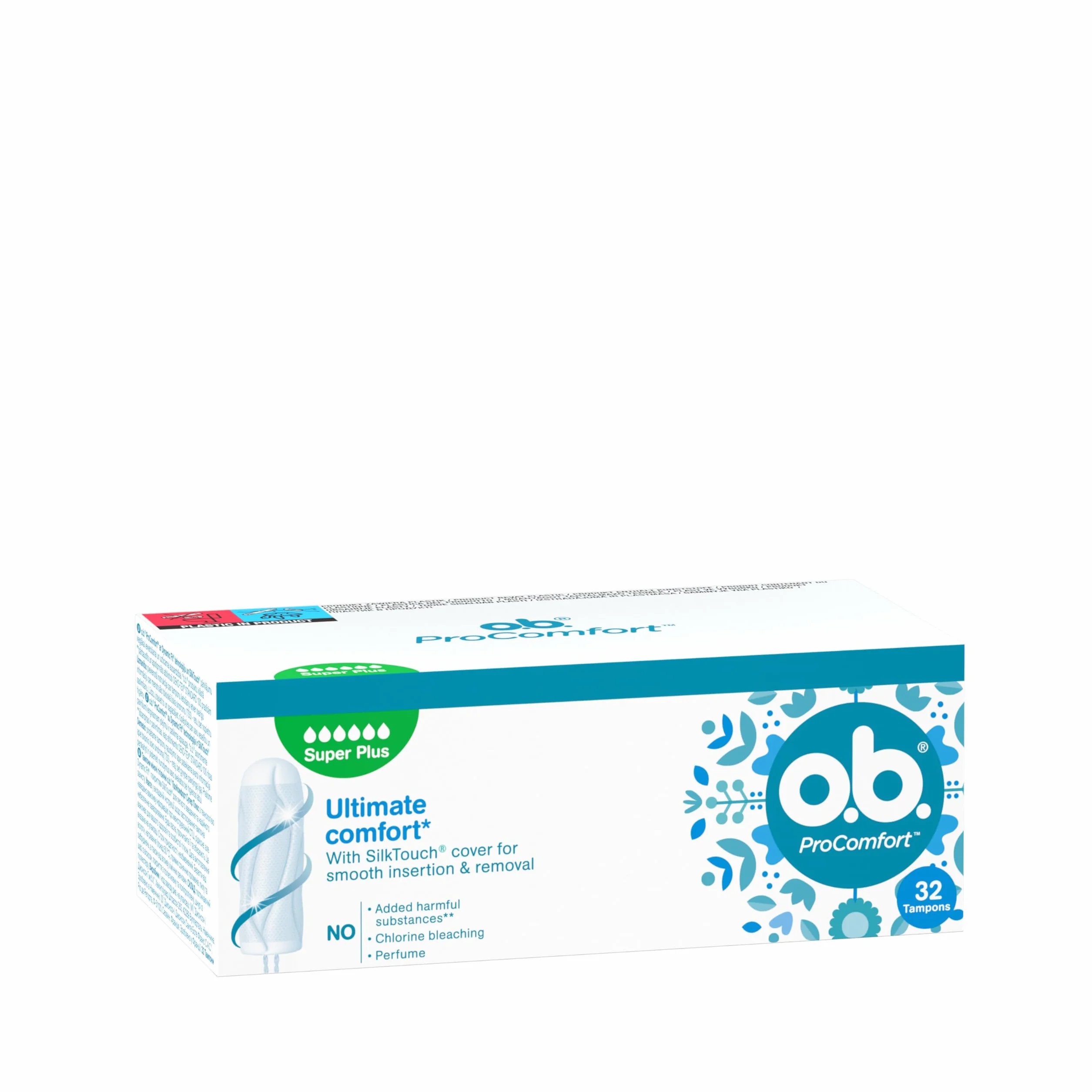 o.b. ProComfort Super Plus Tampony 32 szt., Łatwa aplikacja i usuwanie tamponu, Na bardzo obfite krwawienie, Wnętrze tamponu wykonane w 100% z materiałów pochodzenia roślinnego