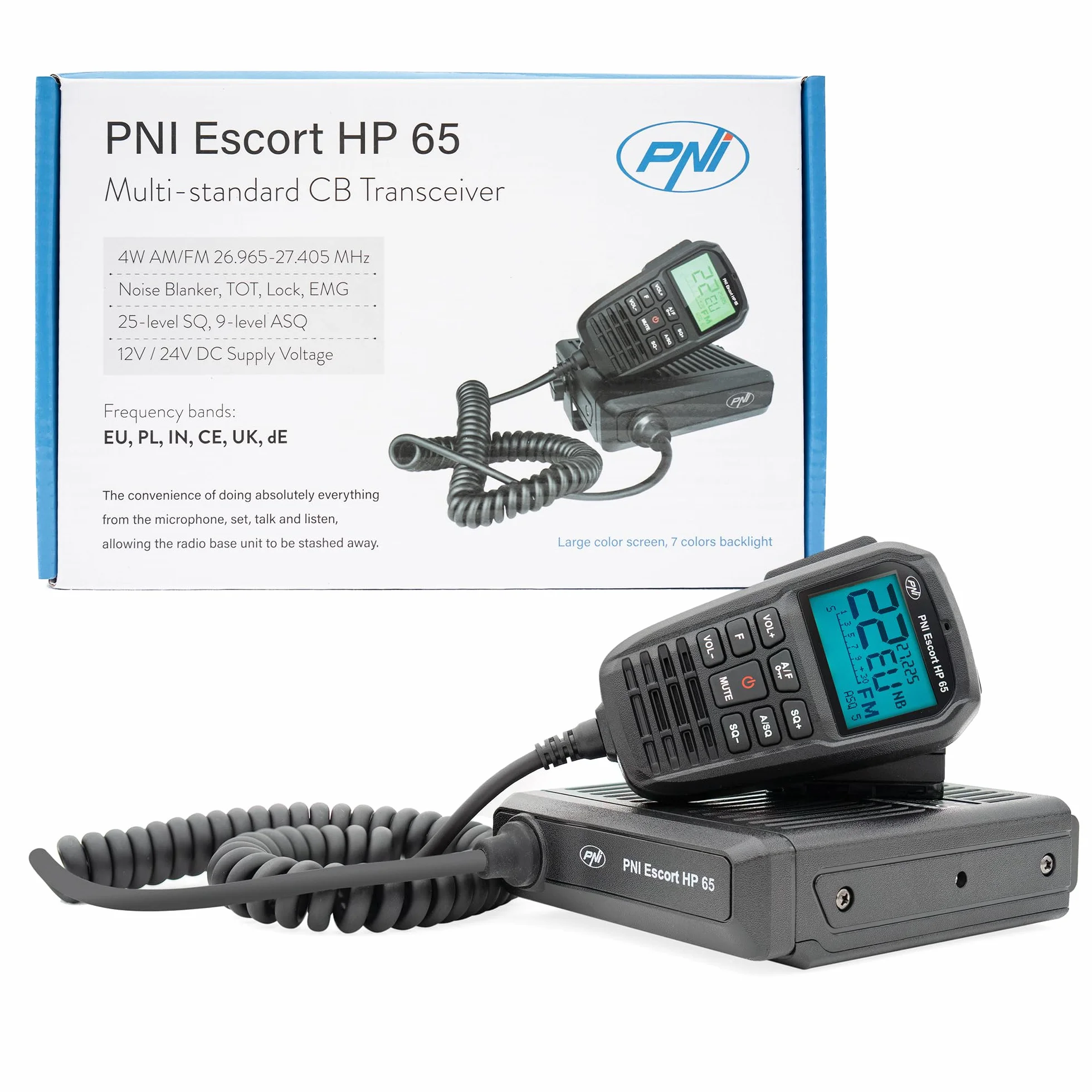 Stacja radiowa CB PNI Escort HP 65 ASQ, multi-norm, Noise Blanker, ASQ, regulowany SQ, 12 V - 24 V, wtyczka do zapalniczki samochodowej w zestawie