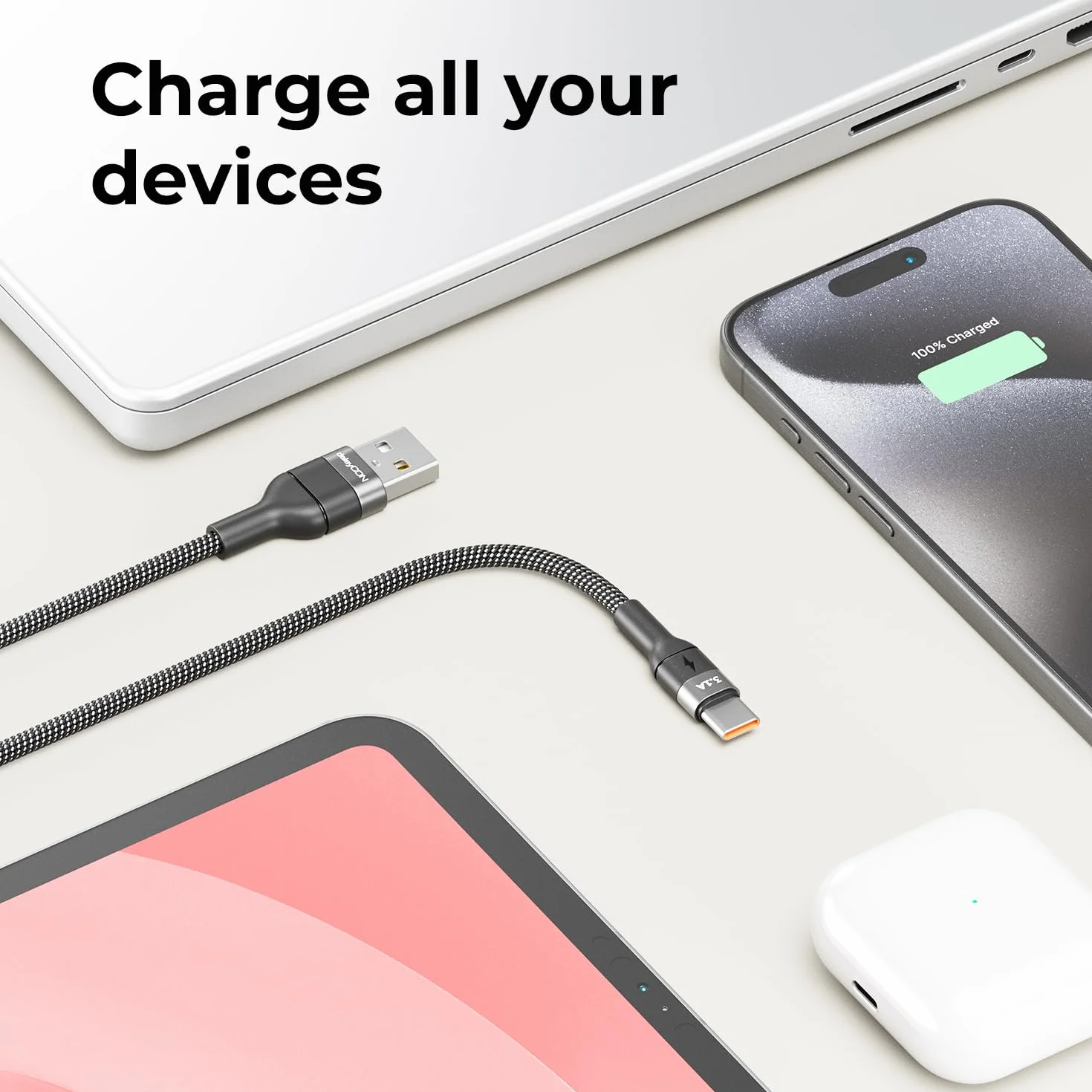 deleyCON 1m USB C Kabel 3.1A Ładowania Przewód Danych USB-A na USB-C do iPhone 16 15 Pro Max Galaxy A16 A56 S26 S25 S24 S23 Pixel iPad Pro