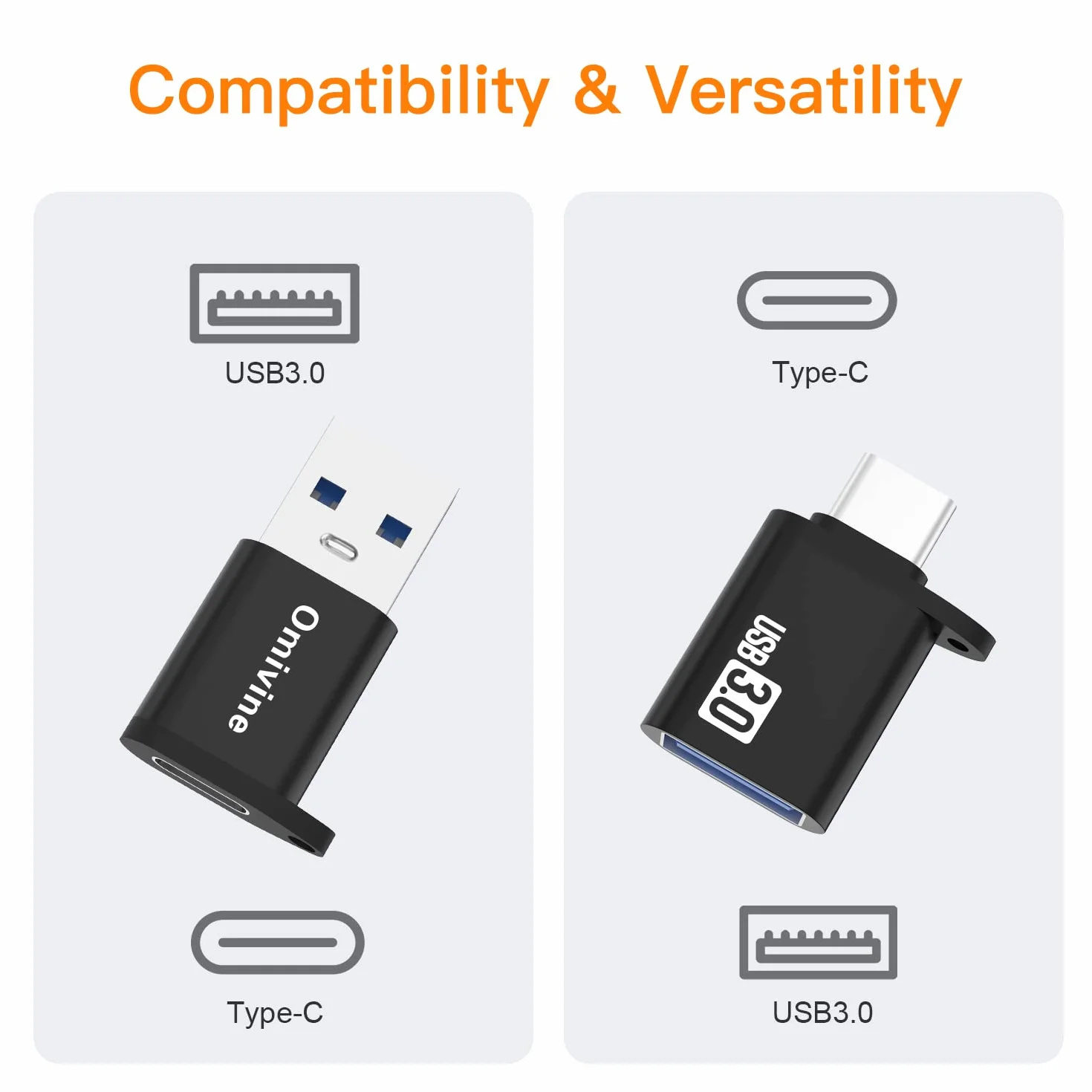 Omivine 2-pak adapter USB-C na USB 3.0 i adapter USB na typ C, 5 Gbit/s USB 3.0 OTG adapter z paskiem do noszenia, konwerter ładowarki do smartfona/laptopa/samochodu/powerbanku/koncentratora/słuchawek/mikrofonu