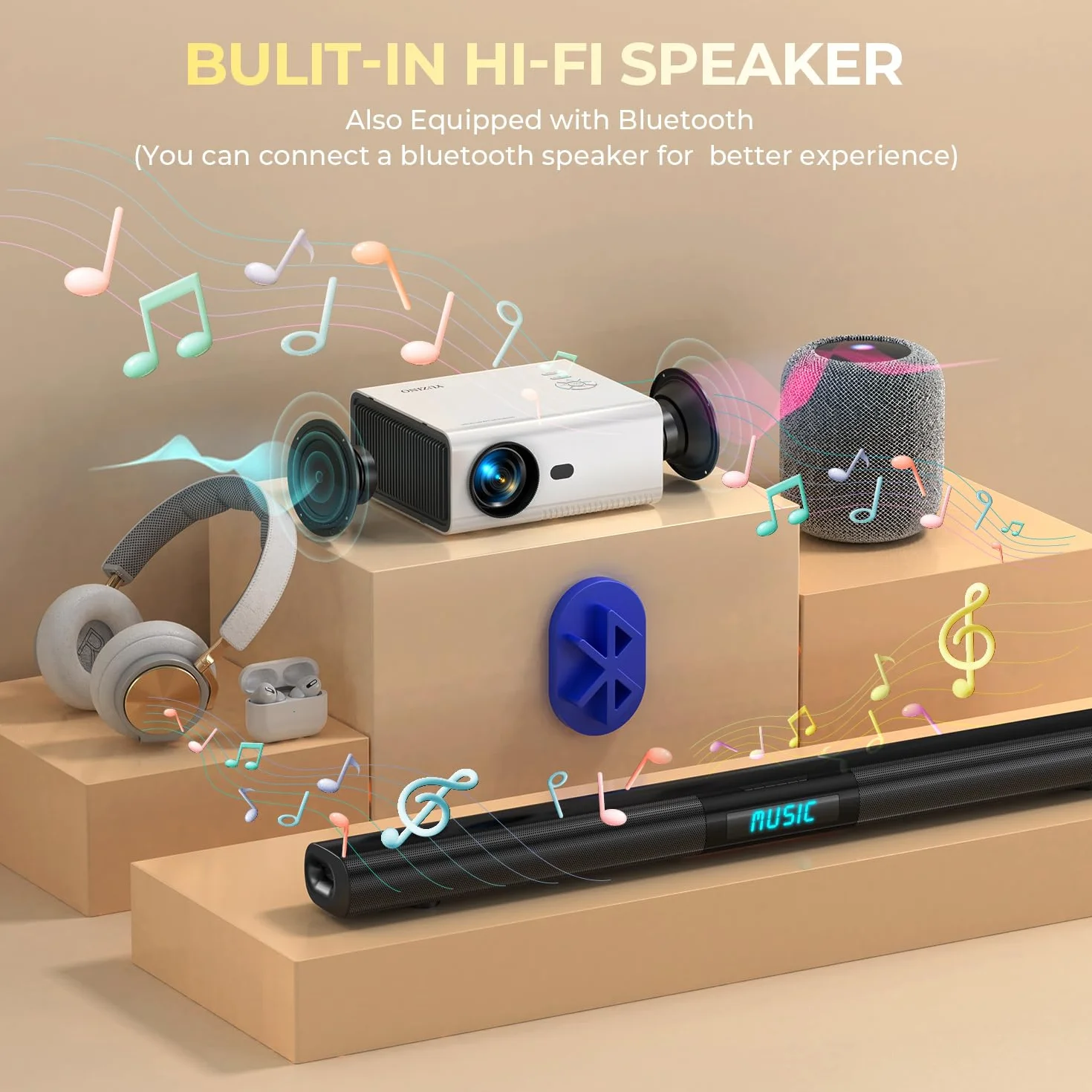 【Elektryczna ostrość】 YUZINO Mini projektor, 18000 lumenów Full HD 1080P WiFi Bluetooth Beamer, przenośny projektor zewnętrzny telefon komórkowy, kino domowe LED z zoomem do telefonu/laptopa/TV