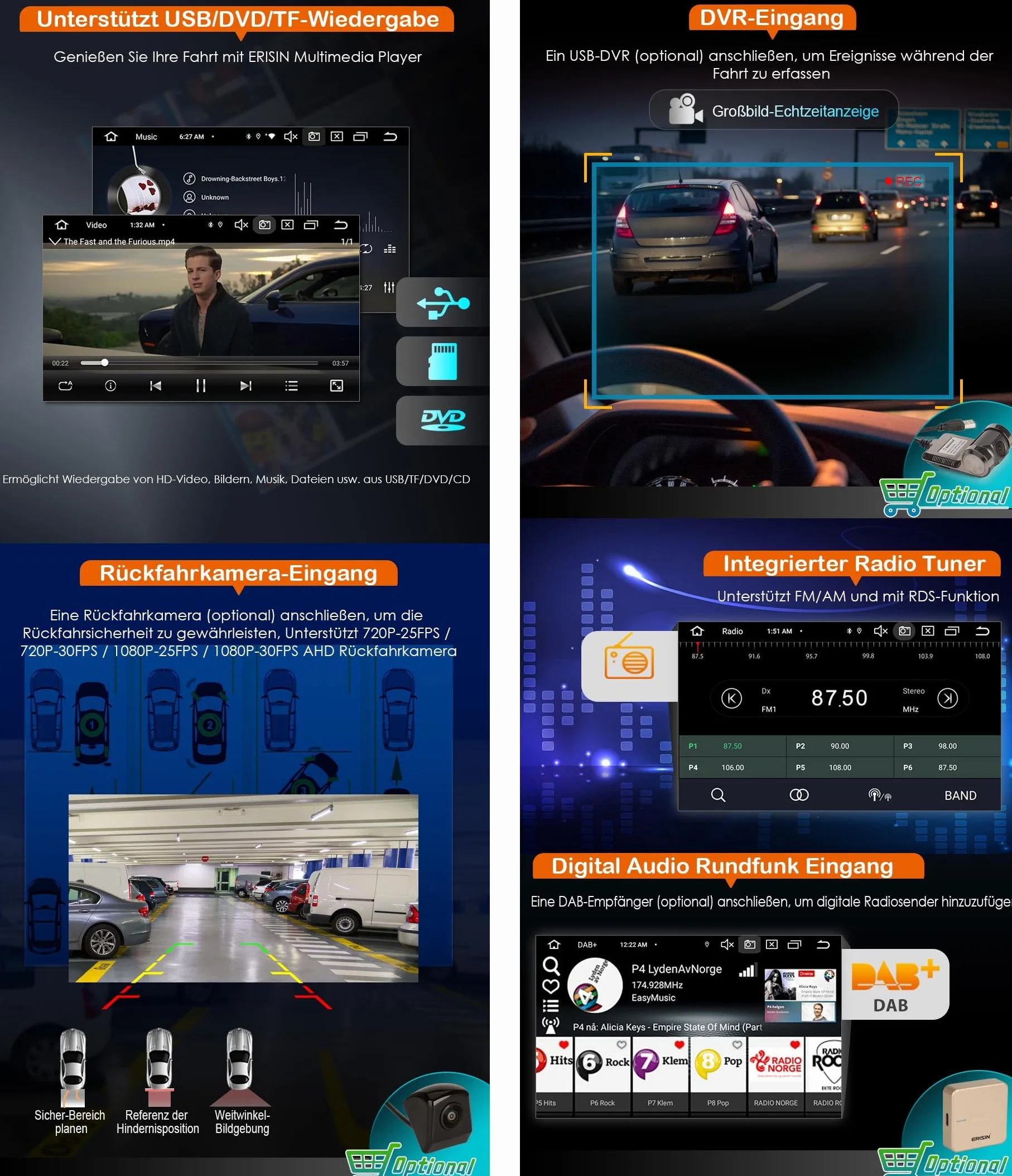 Radio samochodowe Erisin 2 Din Android 14 4GB+64GB GPS Bluetooth 5.0 CarPlay Android Auto DSP WiFi DAB+ RDS SWC dla Forda Focus Mondeo S-Max C-Max Galaxy
