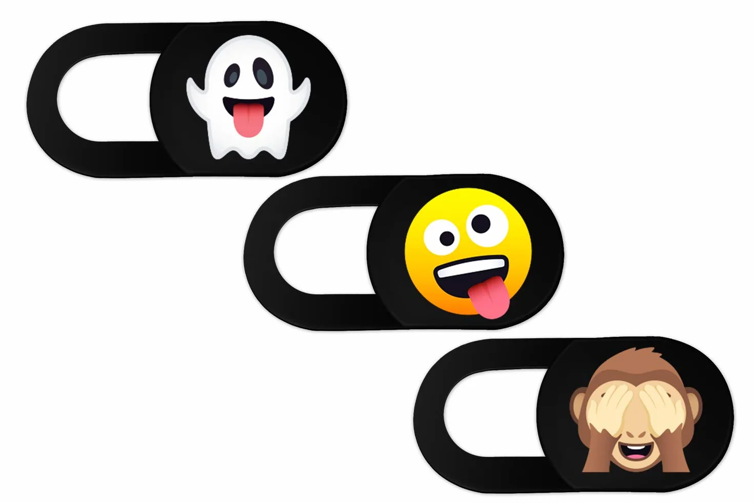 Osłona kamery internetowej 3-pak ze wzorem emoji. Bardzo cienka osłona na kamere 0,8 mm, do laptopów, tabletów, telefonów komórkowych, iMac, Macbooków, iPhone'a, notebooka (Ghost, Zany Face, Monkey)