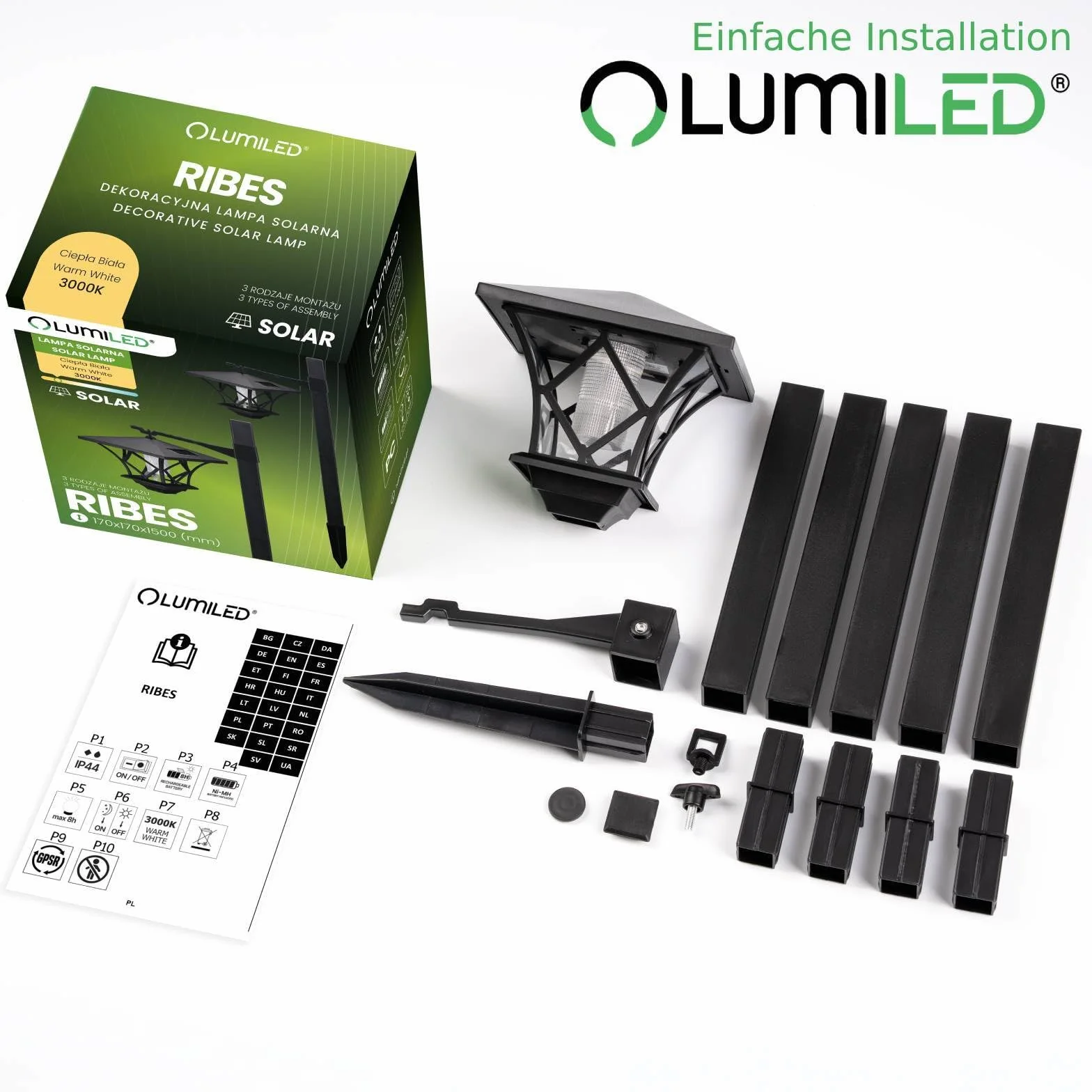 Lumiled Lampa solarna do ogrodu, z ostrzem do wbijania w ziemię, lampa solarna LED do użytku na zewnątrz, ciepła biel, 3000 K, solarna lampa ogrodowa, 150 cm, oświetlenie dróg, dekoracja ogrodowa