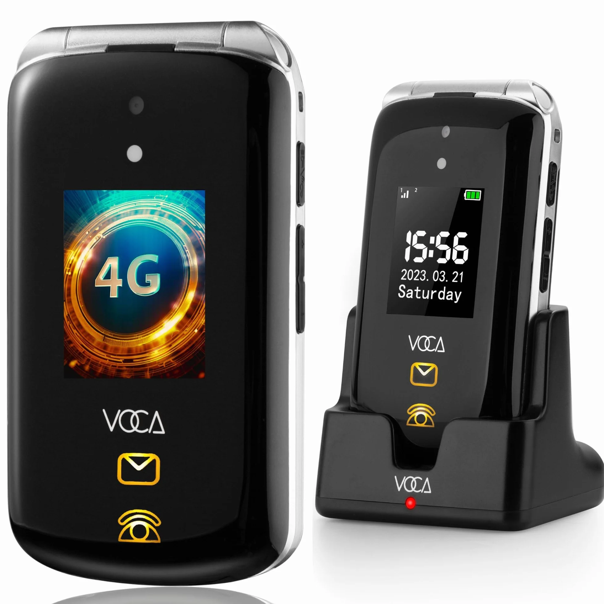 VOCA telefon z klapką z dużymi przyciskami dla seniorów, podwójny ekran, 4G, głośny dźwięk, przycisk SOS, kompatybilność z aparatami słuchowymi, stacja ładująca, przewidywanie tekstu, V543 (Czarny)