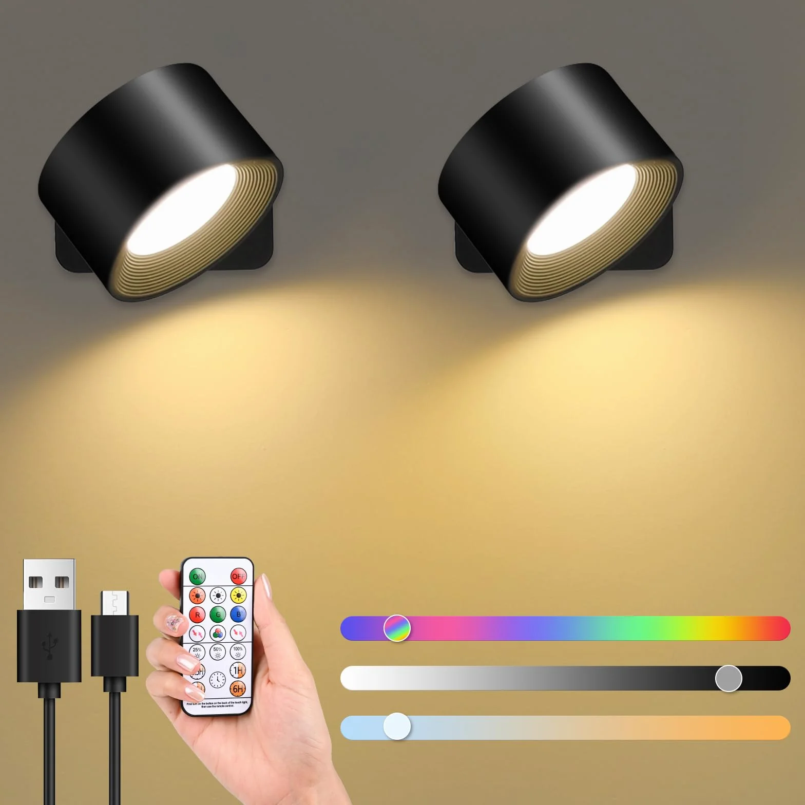 GuKKK Lampa ścienna RGB, zestaw 2 lamp ściennych LED, obrót o 360°, lampa ścienna z portem USB, sterowanie dotykowe, 16 poziomów jasności 3 temperatury (czarna)