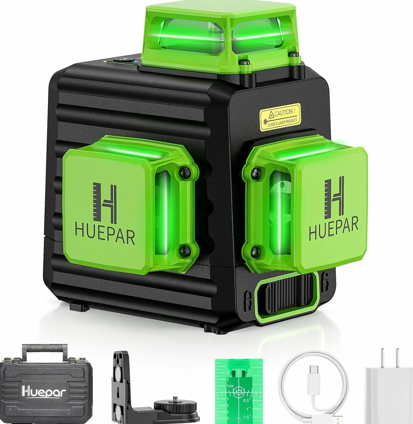 Poziomica laserowa zielona, ​​Huepar 3x360 z akumulatorem litowo-jonowym, samopoziomująca poziomica laserowa, z portem ładowania typu C i twardą walizką w zestawie - B03CG Pro