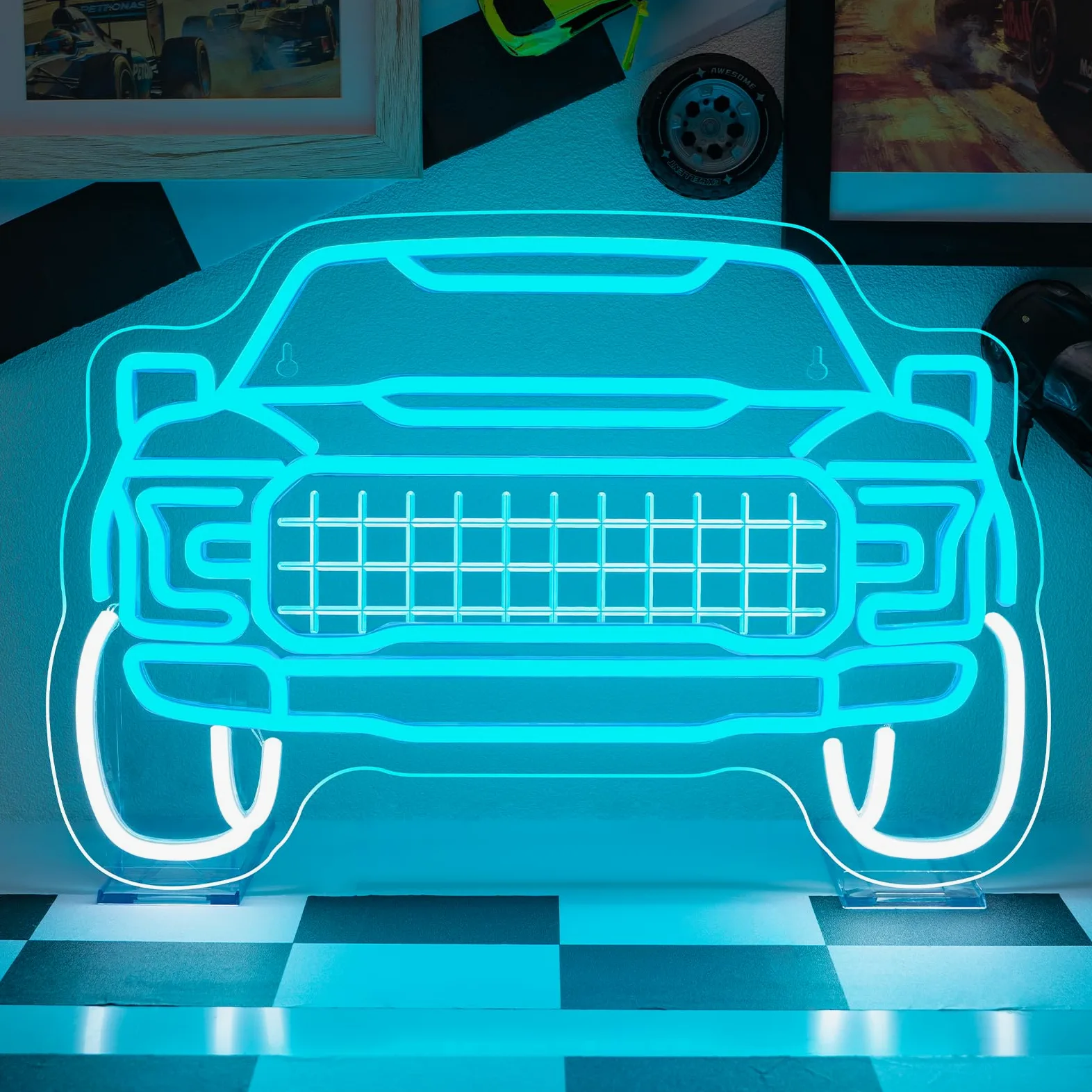 Niebieski neonowy znak ciężarówki, LED, oświetlenie samochodu, dekoracja garażu, vintage, wyścigi, jaskinia, sztuka ścienna, terenowy odbiór, Dzień Ojca, neonowe znaki do samochodu, pokoju sportowego