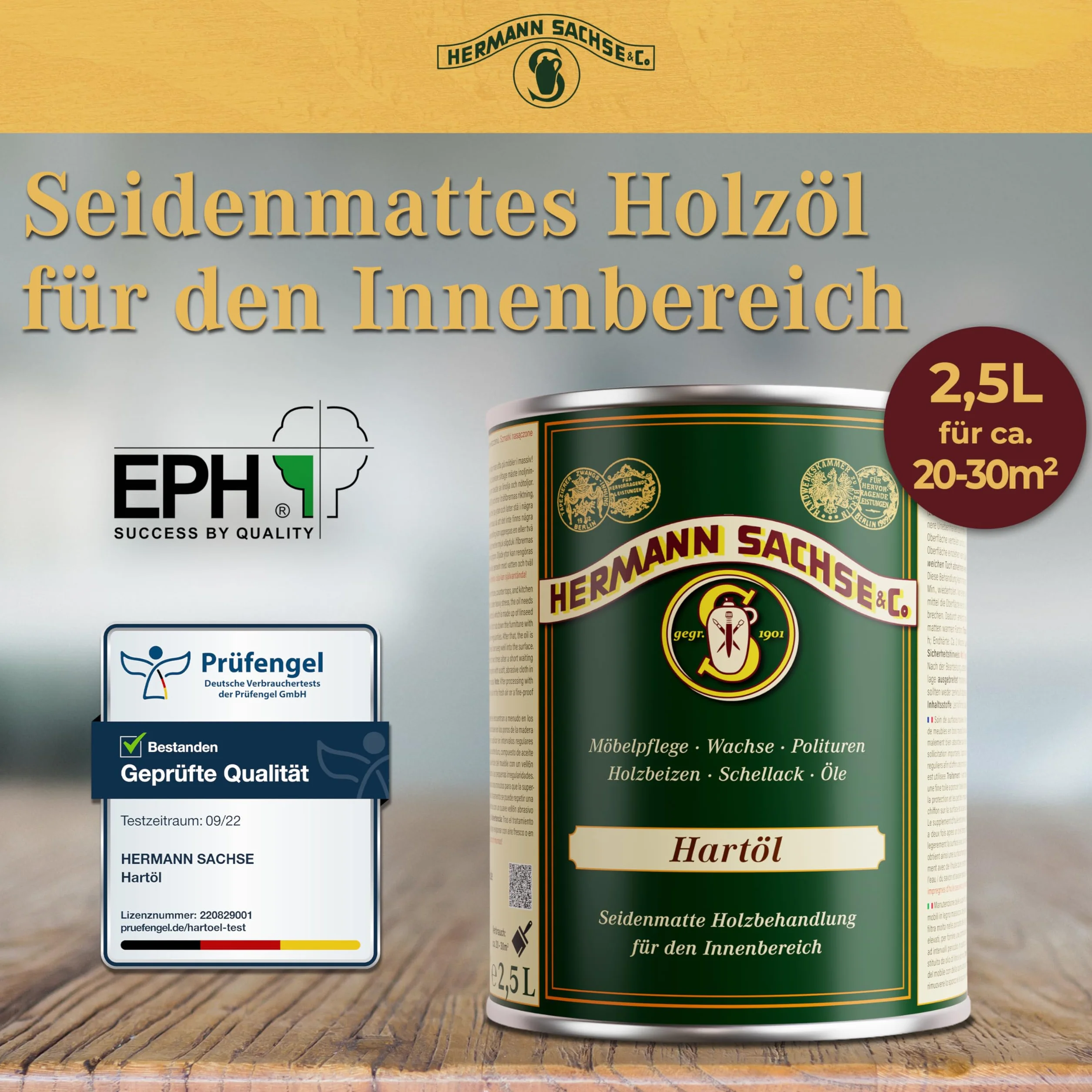 Hermann Sachse Drewno potrzebuje tego twardego oleju, olej do blatów roboczych, olej do mebli stołowych, ochrona drewna do wnętrz (2,5 l)