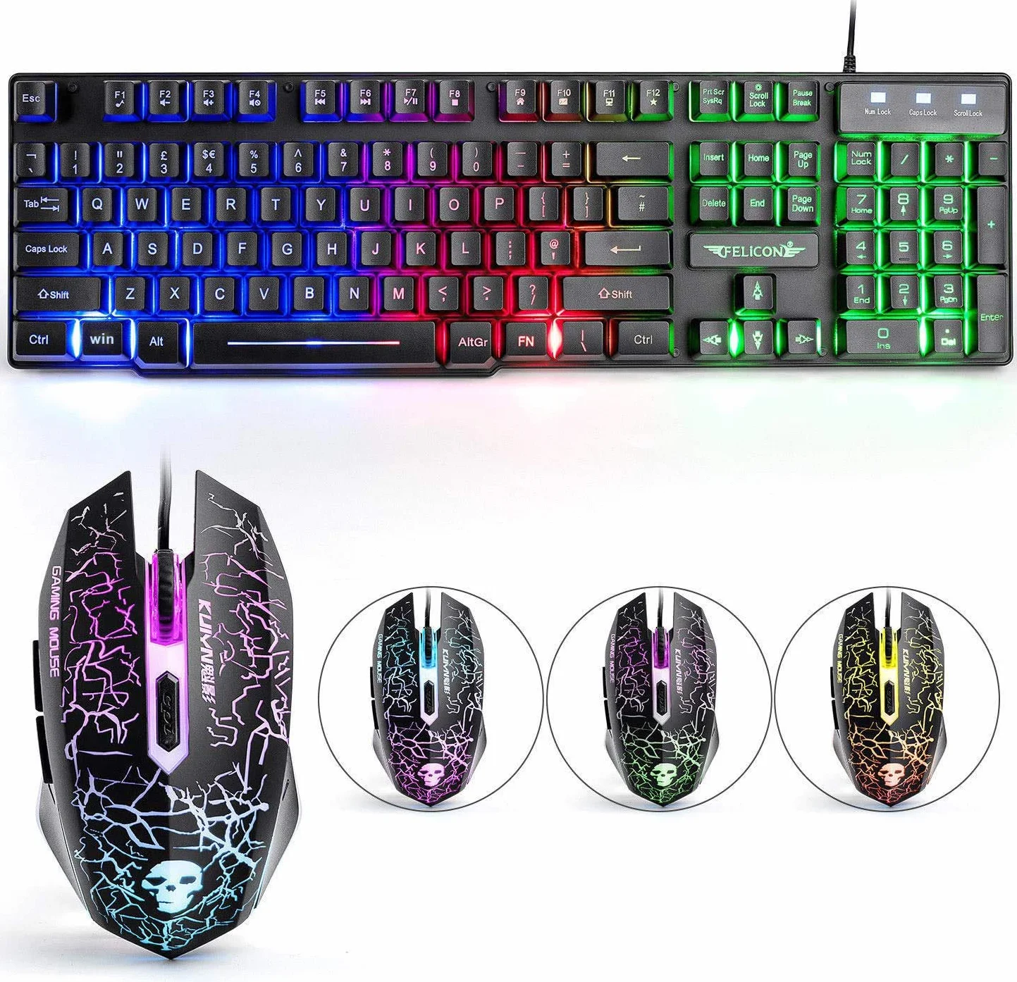 Zestaw klawiatury i myszy do gier UK Układ Ergonomiczna klawiatura do gier Rainbow podświetlana + 2400DPI 6 przycisków optycznych USB Rainbow LED Gaming Mouse + DARMOWA podkładka pod mysz