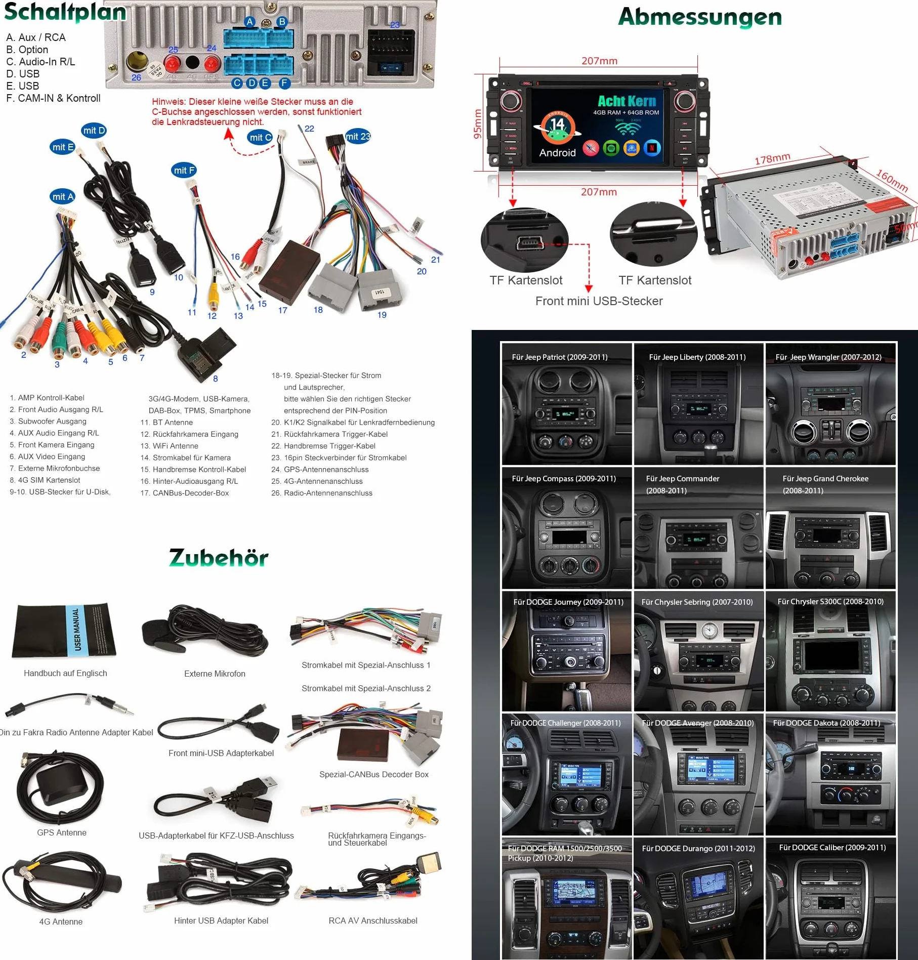 Radio samochodowe Android 14.0 8 rdzeni 4 GB + 64 GB DAB+ GPS CarPlay Android Auto WiFi 4G Bluetooth 5.0 do Jeep Wrangler Patriot Chrysler 300 C Aspen Dodge Caliber Durango Challenger