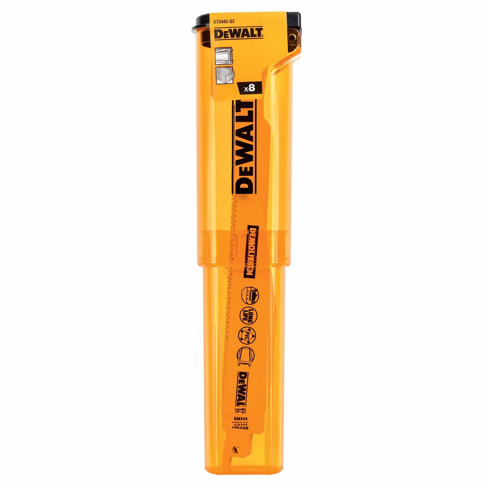 Dewalt 8-częściowy zestaw brzeszczotów do piły szablastej DT2442 (bimetal, uniwersalny trzpień 1/2", opatentowany kształt zębów, agresywna geometria zębów)