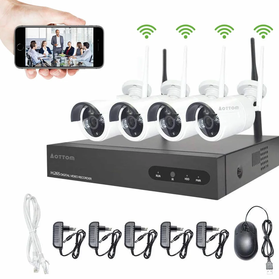 Aottom 8CH 720P Wi-Fi zestaw monitoringu bezprzewodowego, 8 CH NVR + 4 x 1 MP kamery monitorujące na zewnątrz, wykrywanie ruchu, P2P, czujnik ruchu, wodoszczelny, brak dysku twardego