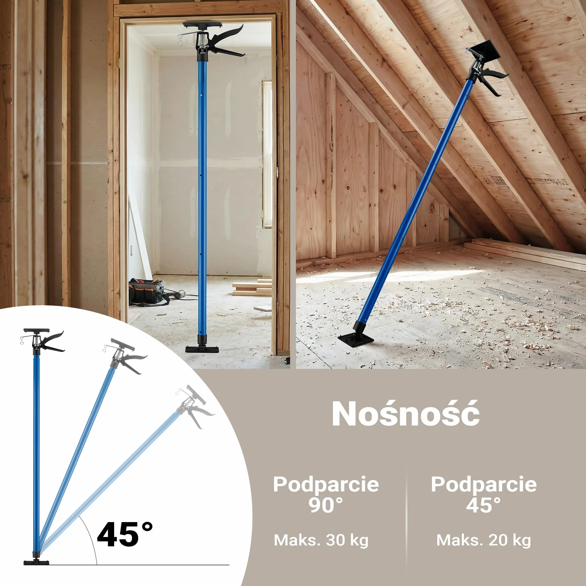 Wiltec Rozpierak do futryn do 30 kg nośności, ze stali lakierowanej, podpora teleskopowa 115-290 cm do płyt kartonowo gipsowych, kąt nachylenia 45°