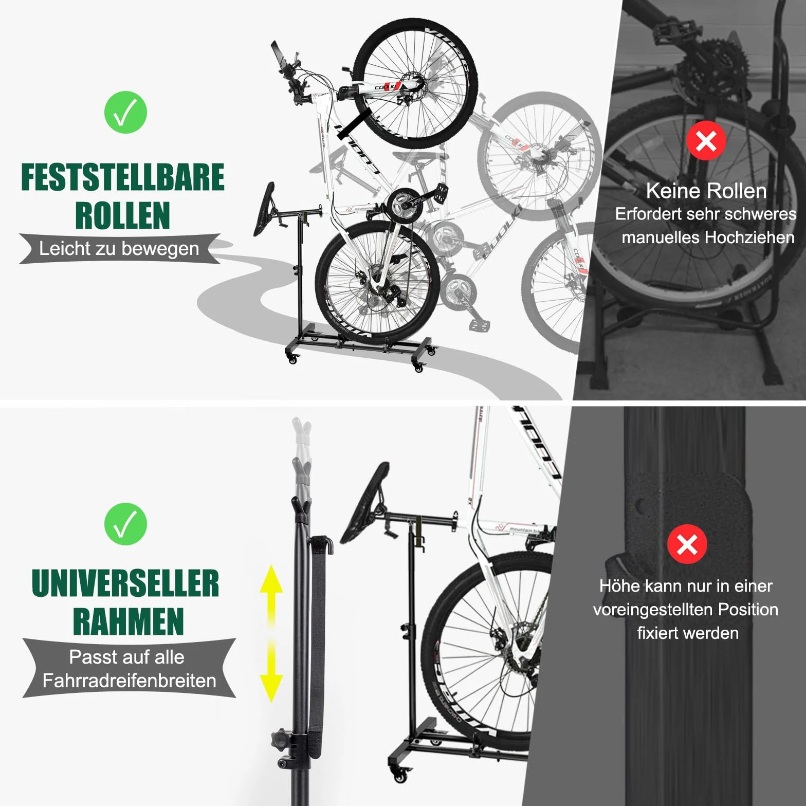 Pionowy stojak rowerowy z zamykanymi kółkami, regulowana wysokość, szerokość opony do 10 cm