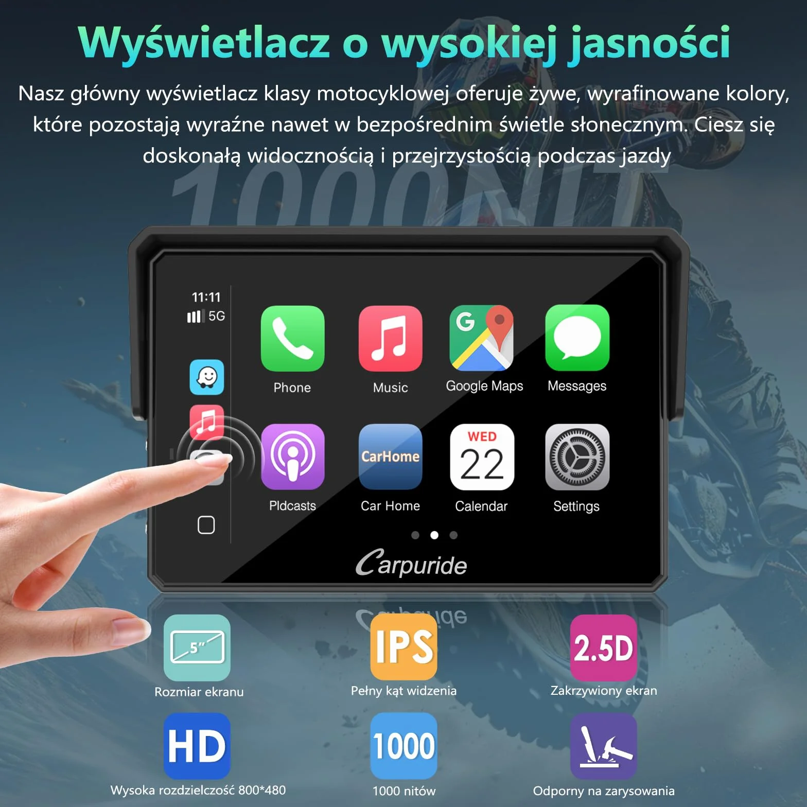 CARPURIDE W502BS PRO do motocykli BMW, CarPlay i Android Auto, podwójny Bluetooth, 5-calowy wodoodporny ekran nawigacji GPS, odczyt danych, Native Wonder, TPMS, czujnik światła, udostępnianie muzyki,