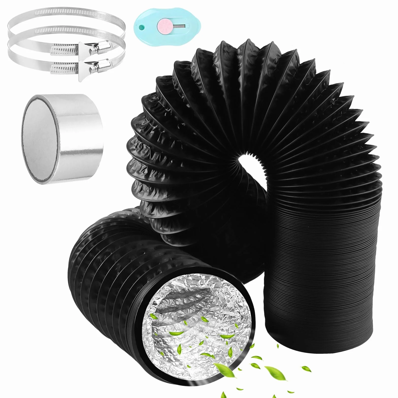 Czarny wąż powietrza wylotowego 150 mm długość 6 m PCW elastyczna rura aluminiowa wąż aluminiowy wąż aluminiowy wąż elastyczny z 2 obejmami do węża ze stali nierdzewnej do klimatyzatorów,