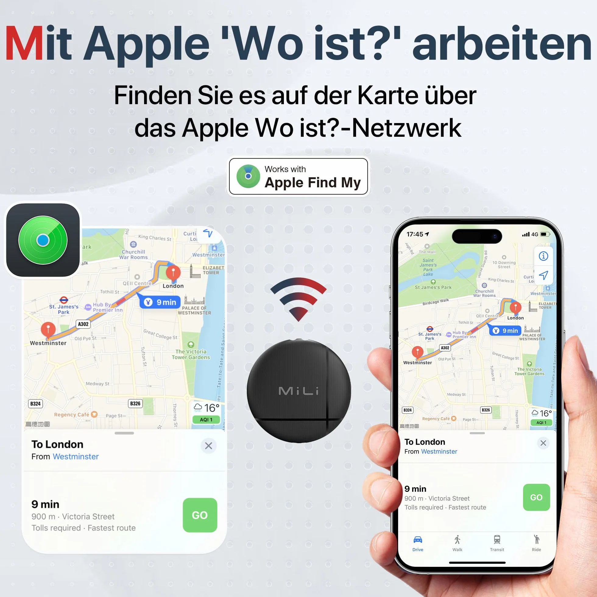 MiLi LiTag Lokalizator Finder Kluczy, Inteligentny Śledzik Kompatybilny z Aplikacją Apple Gdzie jest? (TYLKO iOS), Bluetooth Znajdź przedmiot dla Klucza, Bagażu, Walizki, Zwierzęcia, Portfela
