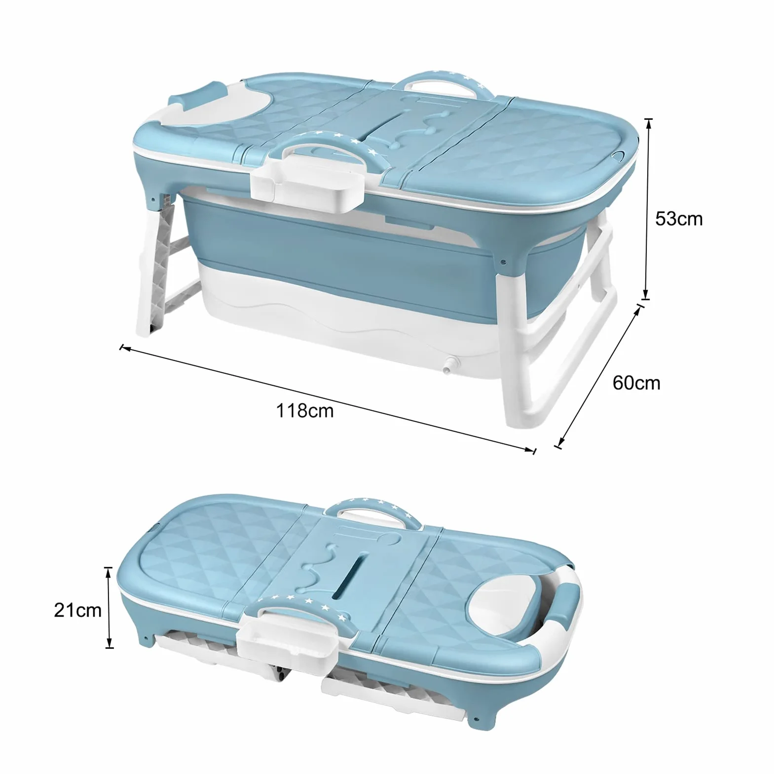 LZQ Składana wanna dla dorosłych, mobilna wanna ze zdejmowaną pokrywą, podłokietnik, kosz na mydło PP + TPE, składana wanna do łazienki, SPA, 118 x 62 x 53 cm, niebieska
