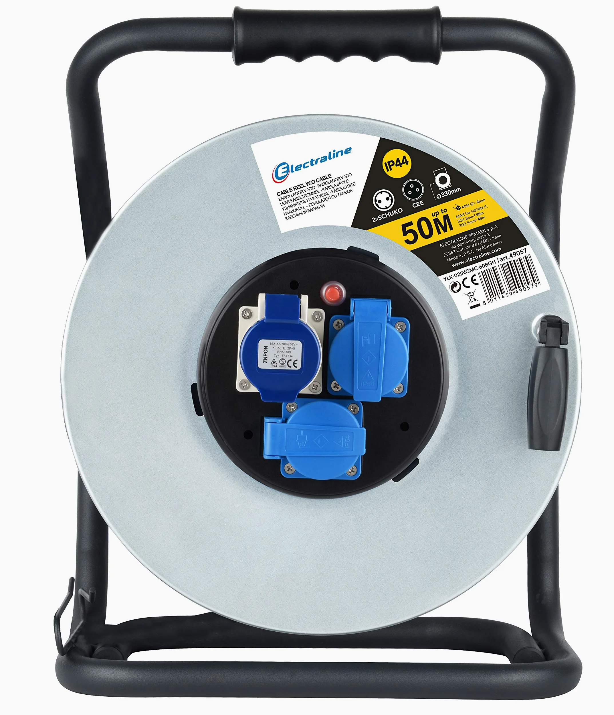 Electraline 49057 Zawijanie kablowe, Przedłużacze bez drutu antykorozyjnego metalowe do użytku profesjonalnego, z 2 gniazdami Schuko + 1 przemysłowym IEC. Uchwyt eronomiczny + gałka obrotowa