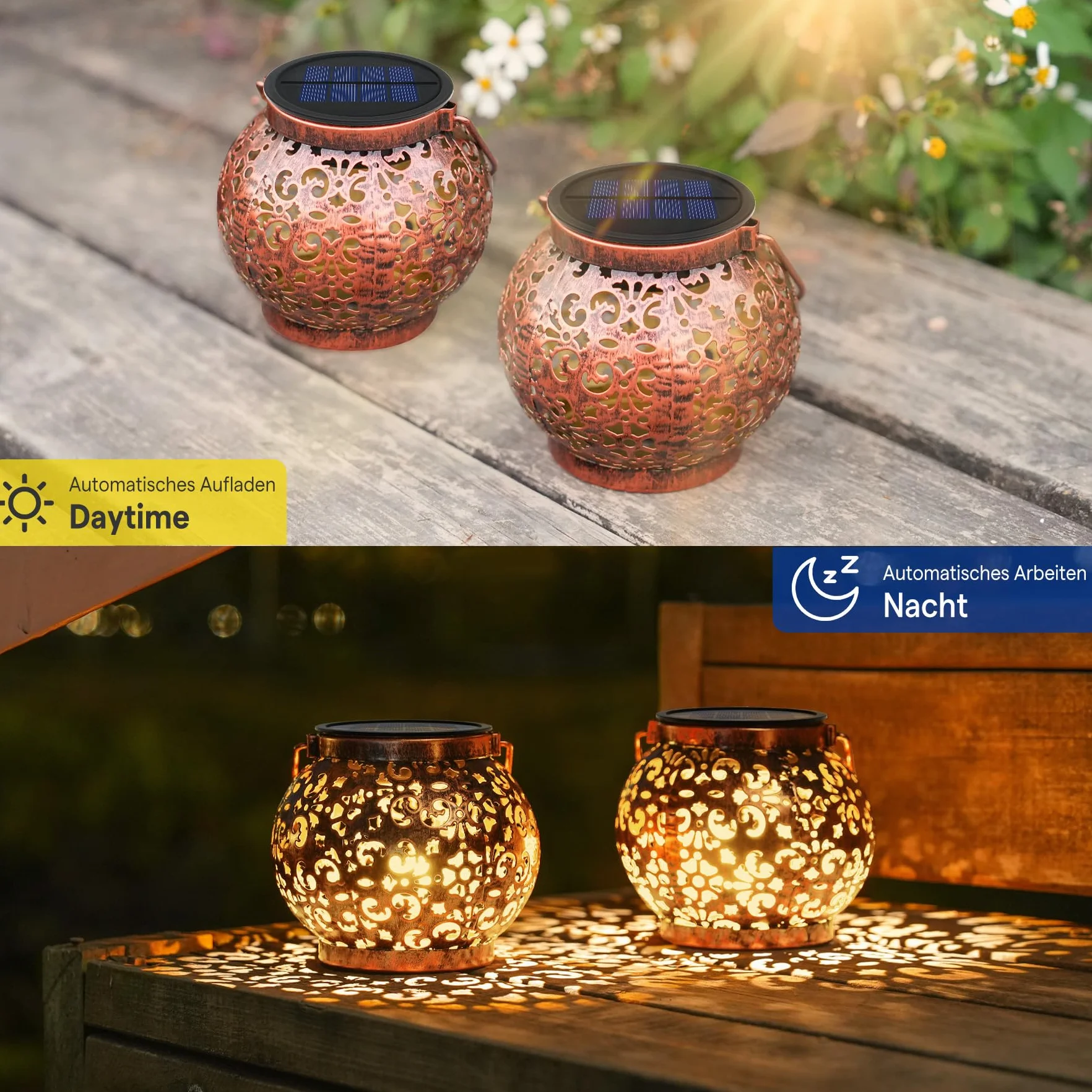 JOYCREATOR Latarnia solarna do użytku na zewnątrz, wodoszczelna IP65, 2 sztuki latarni LED w stylu vintage, do użytku na zewnątrz, ciepła biel, lampy solarne do ogrodu, wiszące na balkon, patio