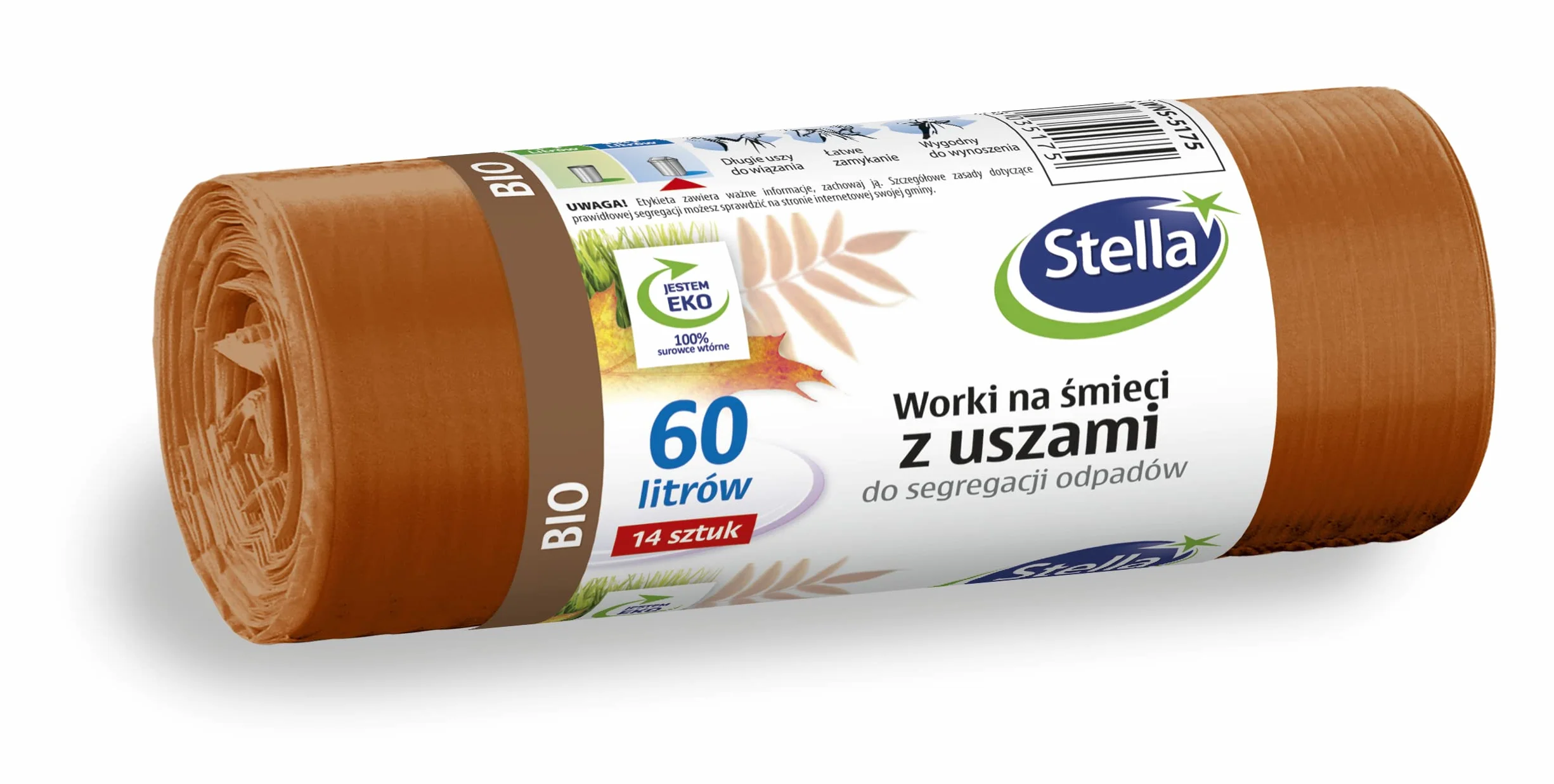 Stella worki na śmieci z uszami do segregacji odpadów BIO, 60 l, 14 sztuk, do domu i biura, z grubej folii LDPE wykonane z recyclingu surowców wtórnych, kolor brązowy
