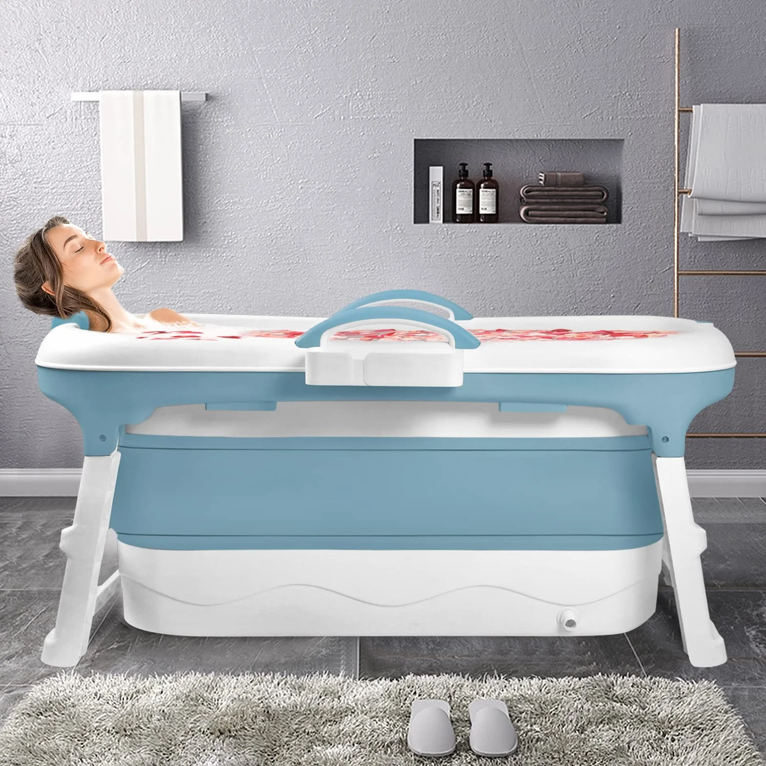 LZQ Składana wanna dla dorosłych, mobilna wanna ze zdejmowaną pokrywą, podłokietnik, kosz na mydło PP + TPE, składana wanna do łazienki, SPA, 118 x 62 x 53 cm, niebieska