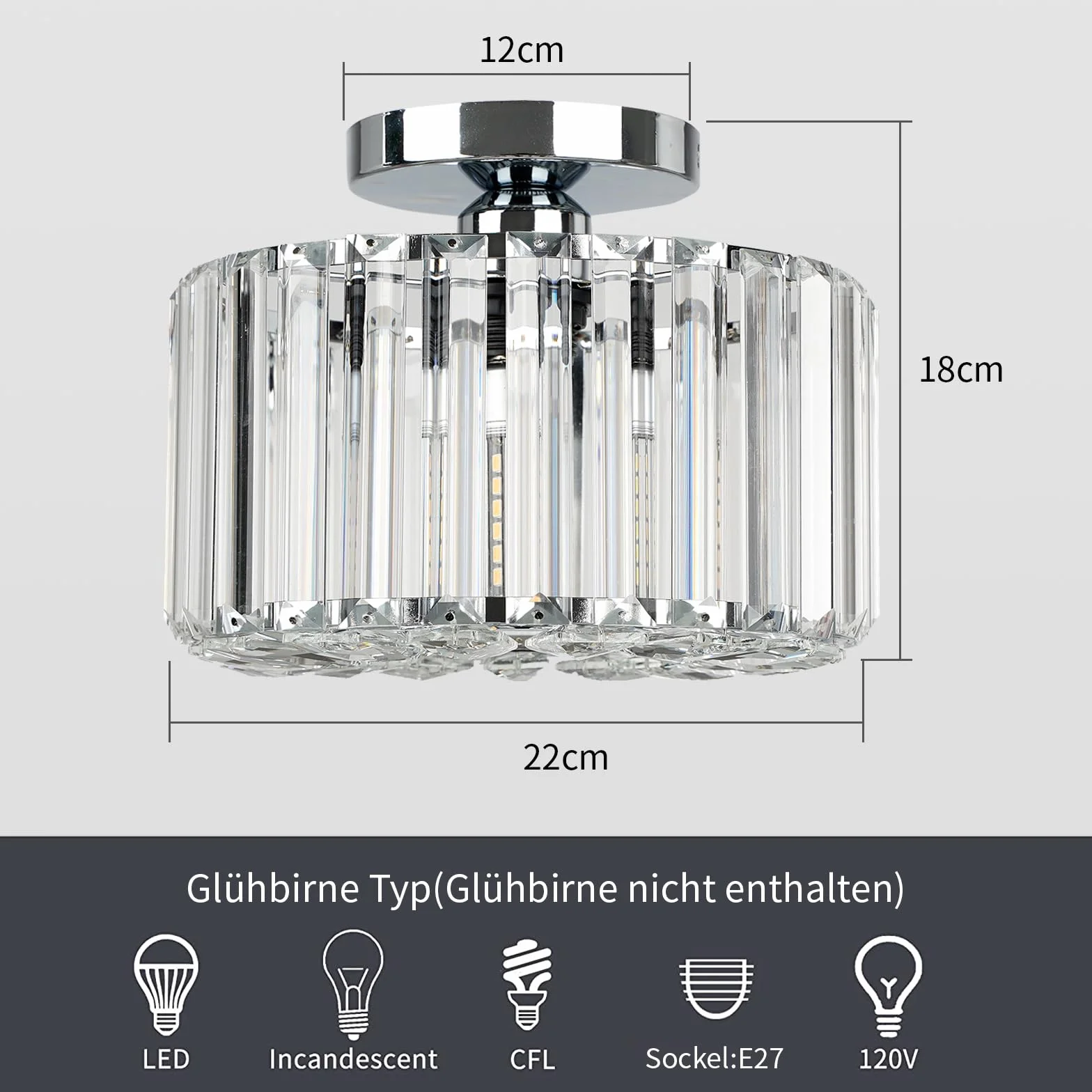 Frideko Home Nowoczesna kryształowa lampa sufitowa Vintage K9 żyrandol, metalowa abażur, E27, chrom, Ø 22 cm
