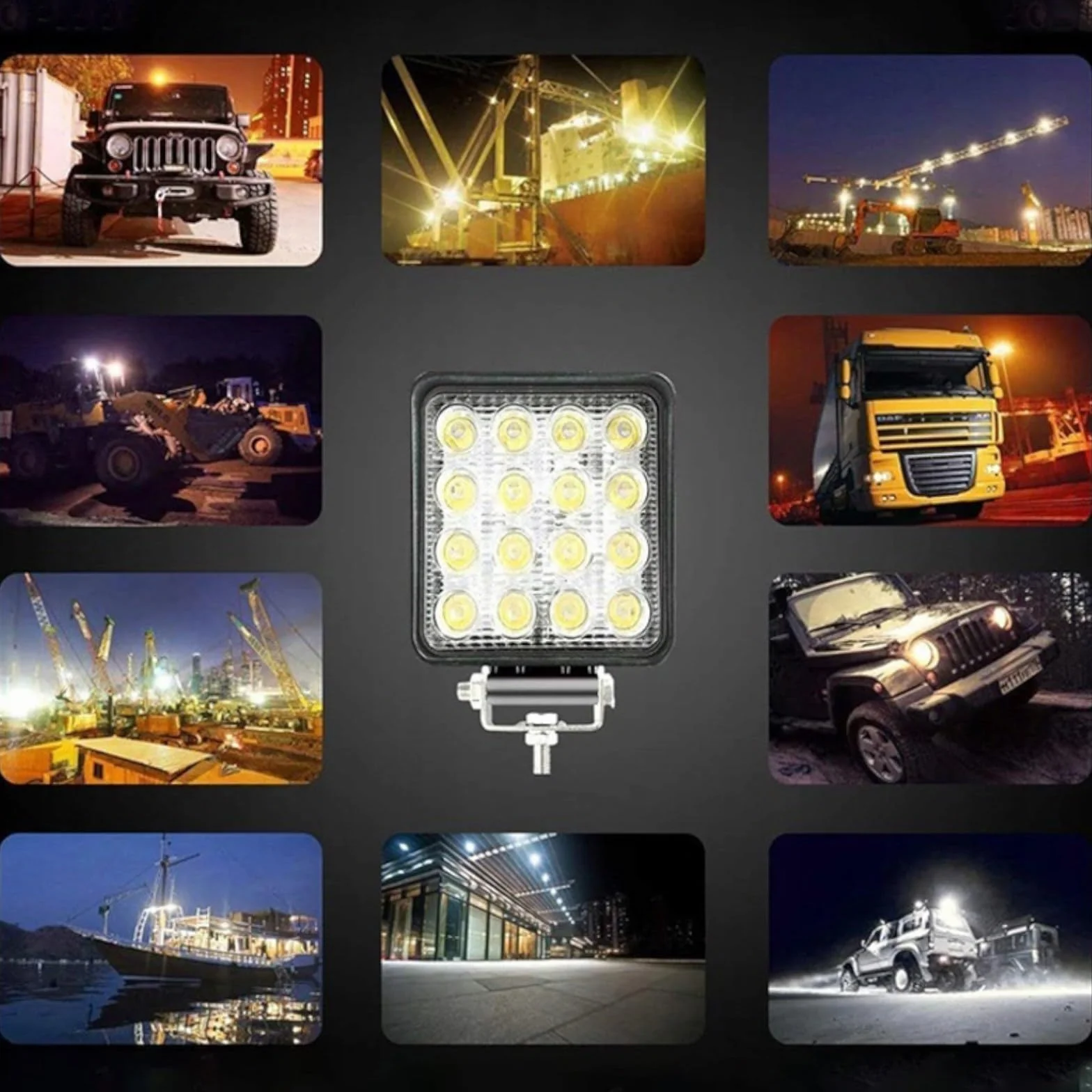 Retoo Reflektor Roboczy 16 LED 48W 12V o mocy 8000lm do montażu powierzchniowego i przykręcanego, Oświetlenie bliskiego zasięgu, Szperacz, Lampa do ciągnika, koparki, Off-Road, Czarny