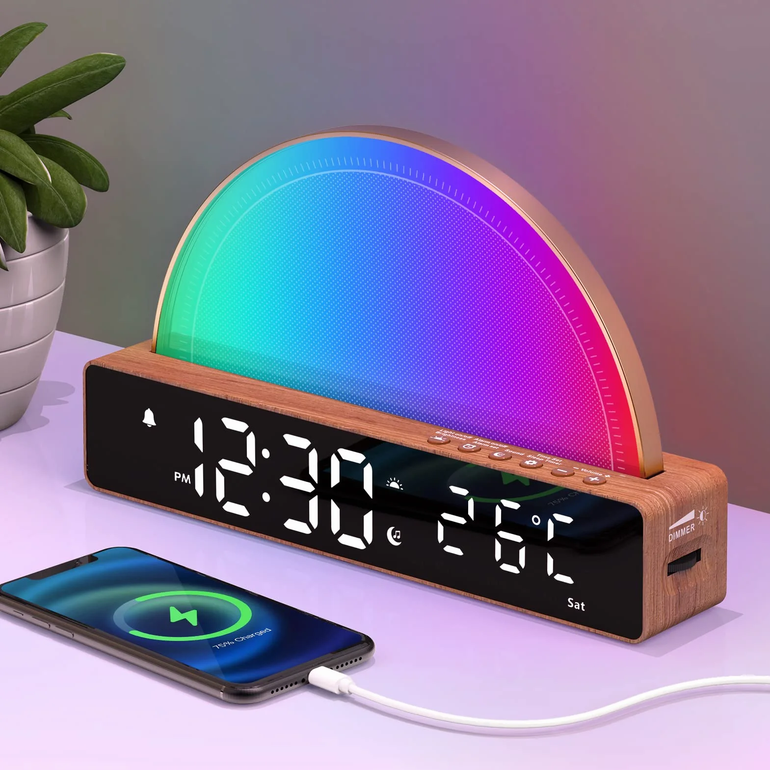 Budzik ze światłem, budzik świetlny, White Noise Machine, lampka nocna, dotykowa, ściemniana, lampa stołowa z 10 trybami do spania, funkcja drzemki, timer/wskaźnik temperatury, stacja ładująca USB,