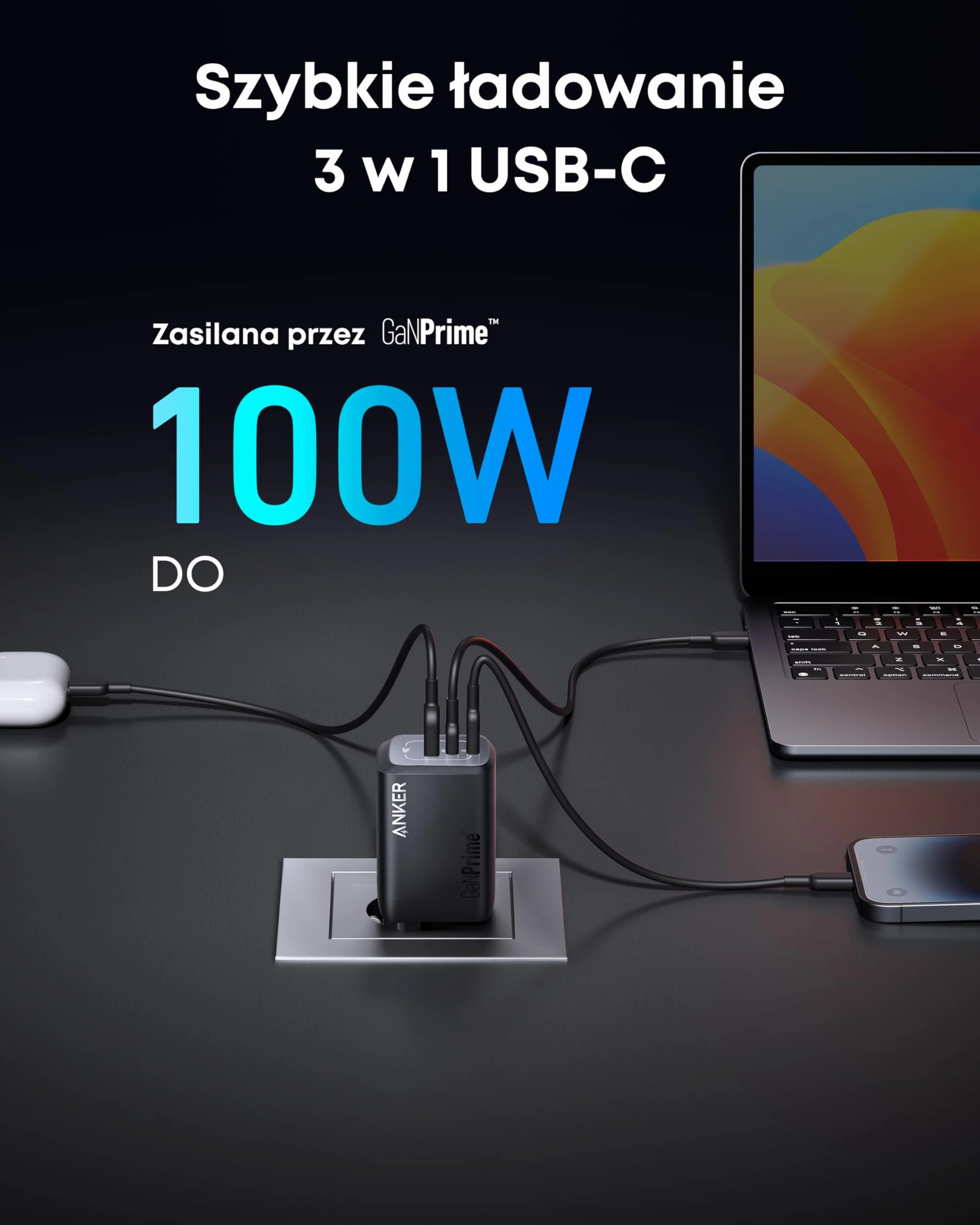 Anker Prime GaN 100 W Ładowarka USB-C 3-portowa PPS Składana