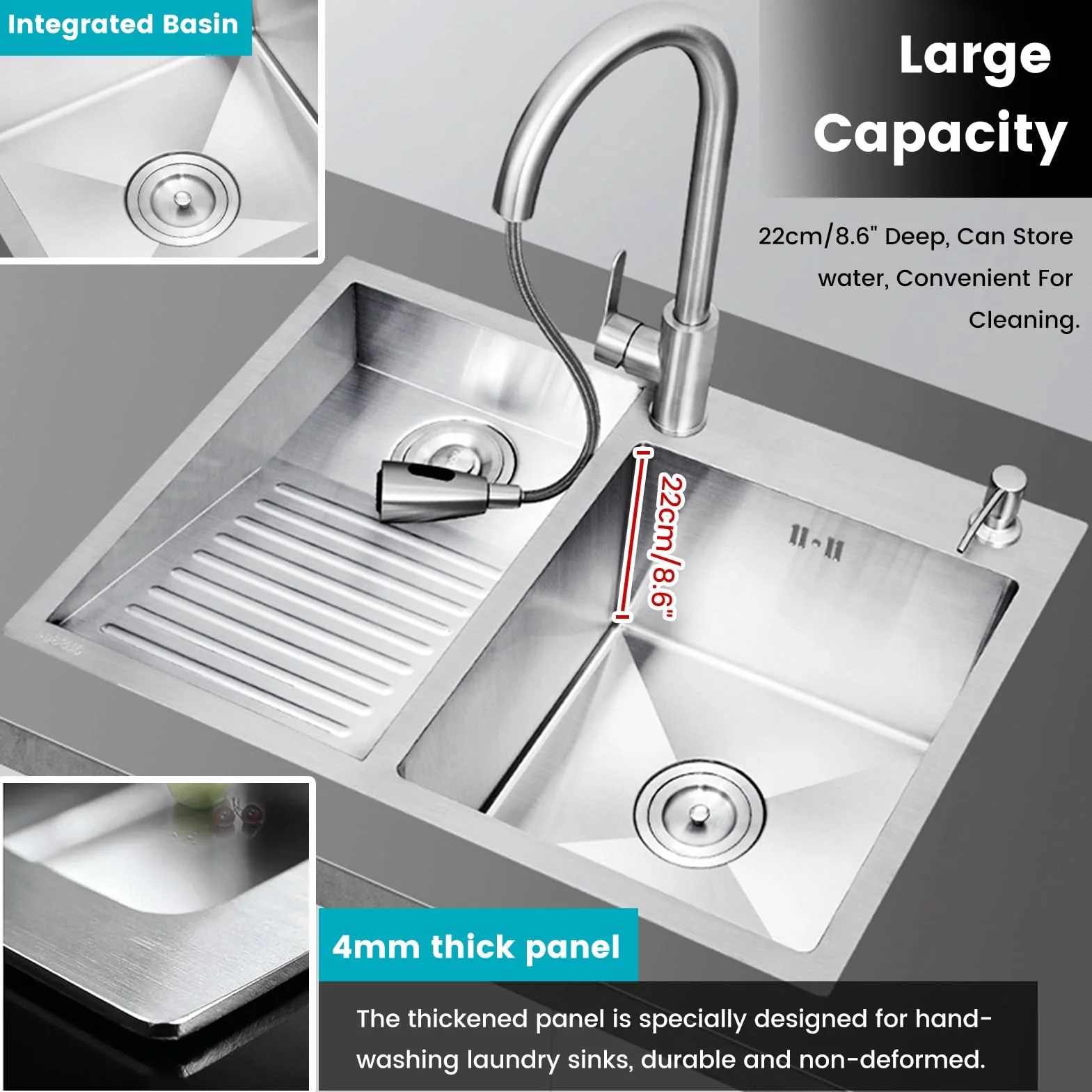 Utility Laundry Sink With Washboard, Hand Washing Tub With 4mm Thick Panel, Stainless Steel Laundry Basin, Workstation Washing Basin With Drain Kit, For Utility Room, Basement(A,80x48x22cm)