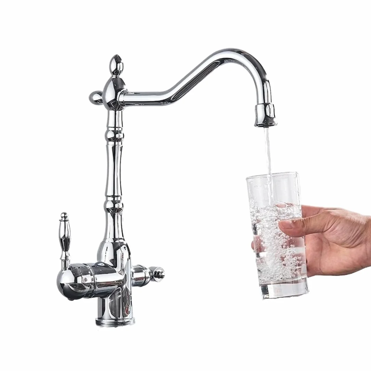 Komercyjny kran do zlewu kuchennego do baru i domu wiejskiego – obracany o 360° podwójny uchwyt bateria mieszająca z podwójną funkcją wody i filtrem - elegancka srebrna konstrukcja