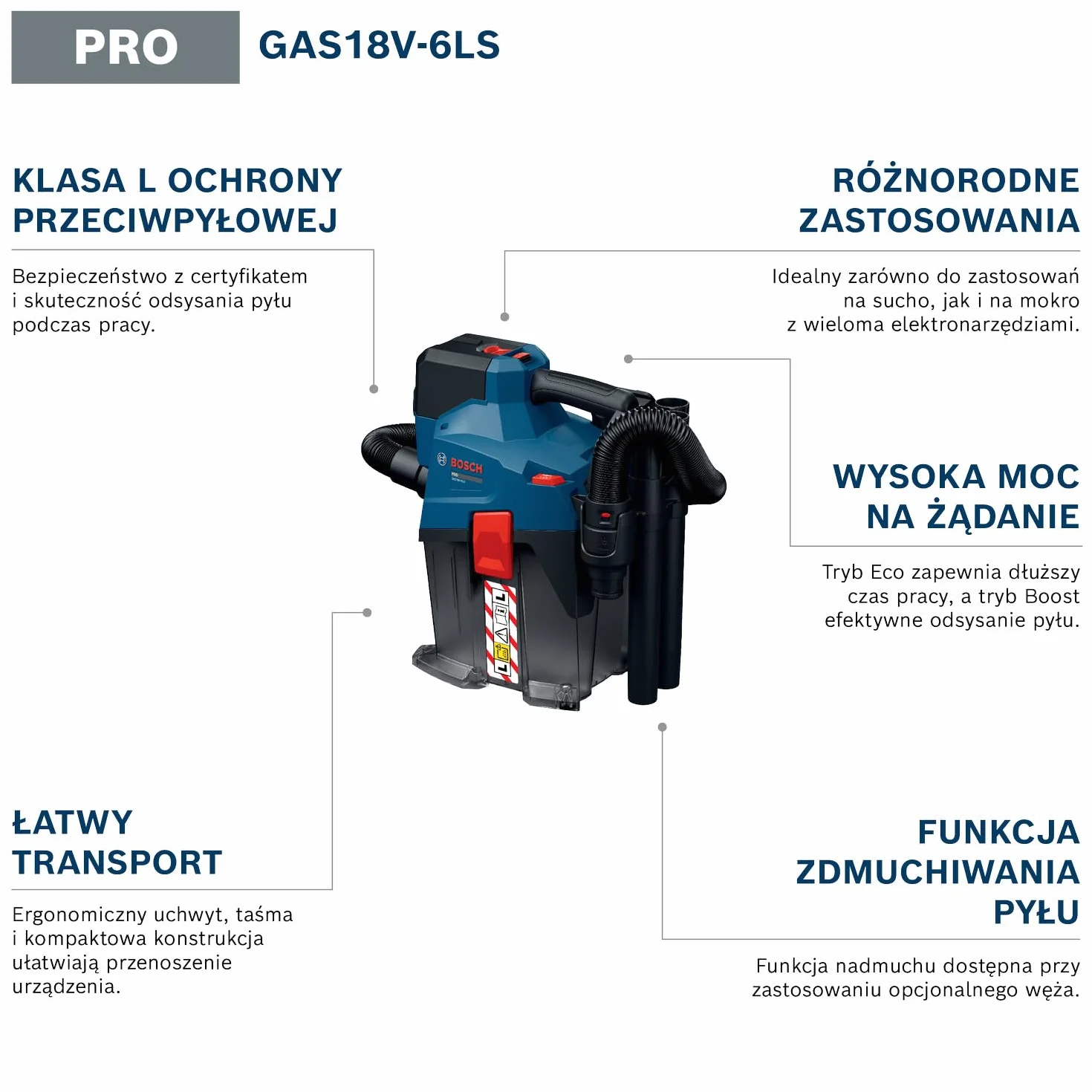 Bosch PRO 18V System Odkurzacz akumulatorowy GAS18V-6LS (elastyczny wąż, kolanko, dysza do fug, dysza do podłóg, adapter do elektronarzędzi, rury, worek włókninowy)