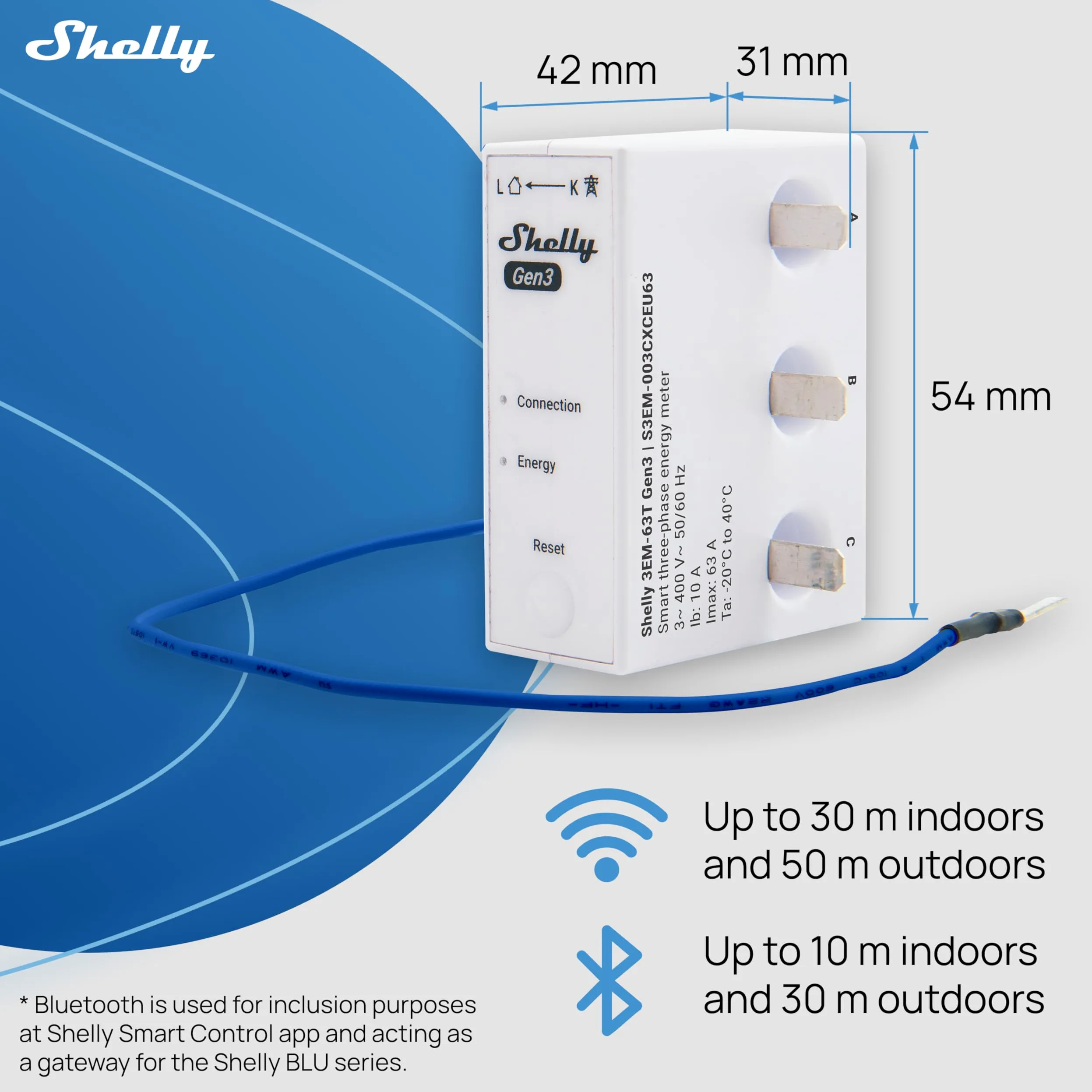 Shelly 3EM-63T Gen3 – Licznik energii 1-/3-fazowy, Wi-Fi & Bluetooth, szyna DIN, impuls optyczny, dane historyczne, fotowoltaika, zdalne sterowanie aplikacją