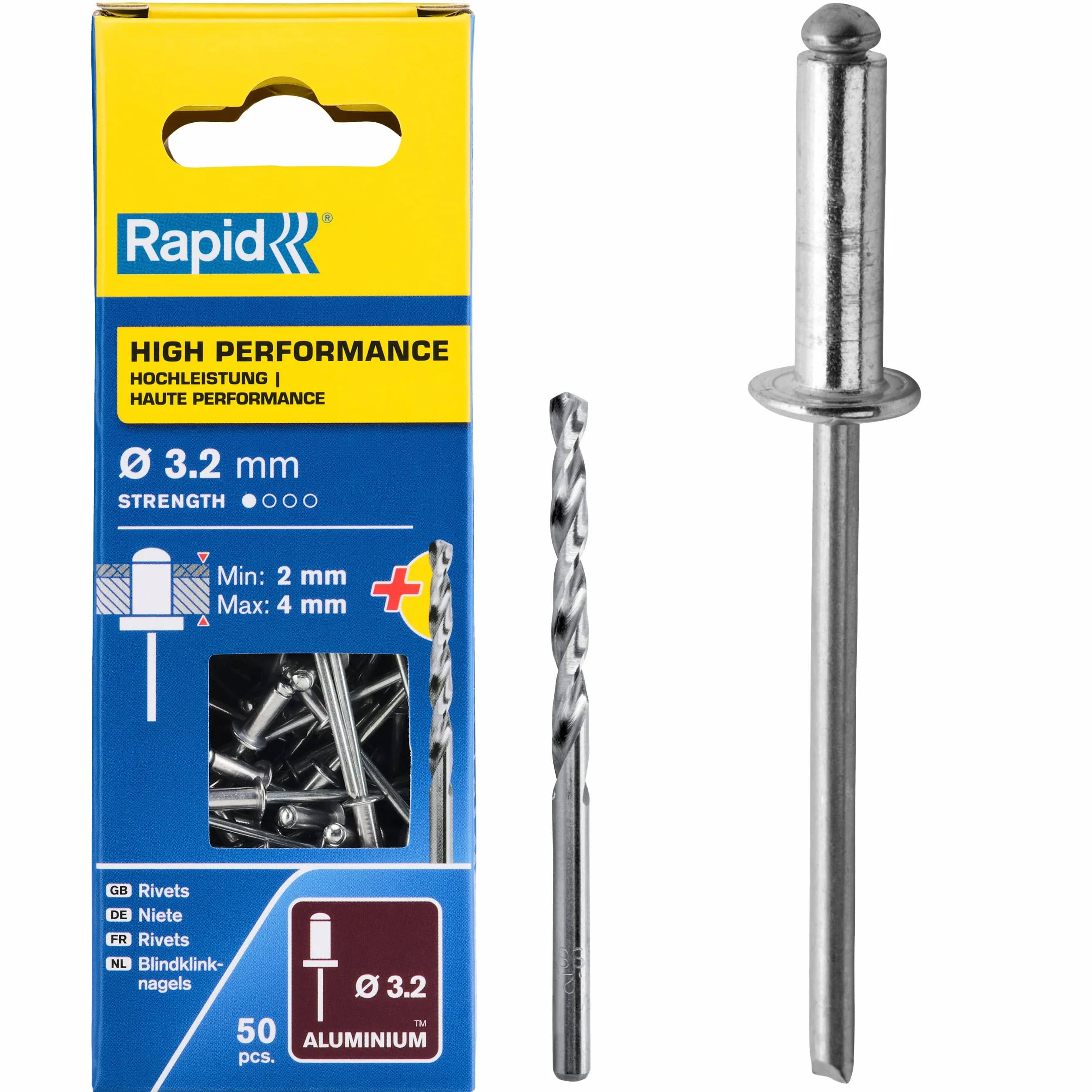 Rapid Nity zrywalne aluminium uniwersalne Ø 3,2 mm, zakres zacisku 2-4 mm, 50 szt. nitów, zestaw z wiertłami, do szczypiec nitowniczych