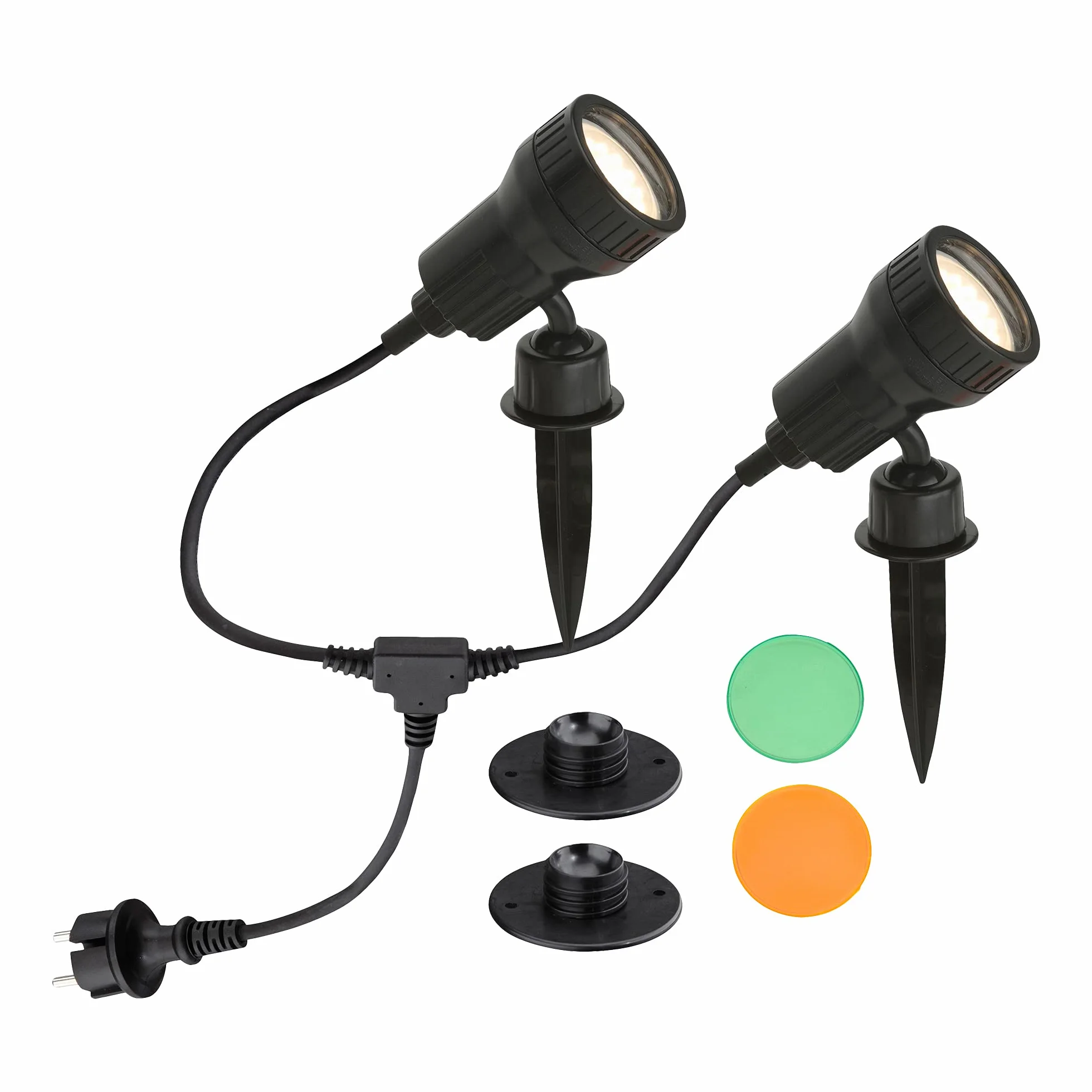 Lampa zewnętrzna, lampa ogrodowa, oświetlenie dróg, zestaw 2-częściowy, 2 x LED GU10 3 W 250 lm, w zestawie filtr kolorowy pomarańczowy, zielony, w zestawie szpikulec do wbijania w ziemię i uchwyt ścienny, głowica obrotowa i obrotowa, w zestawie przewód z