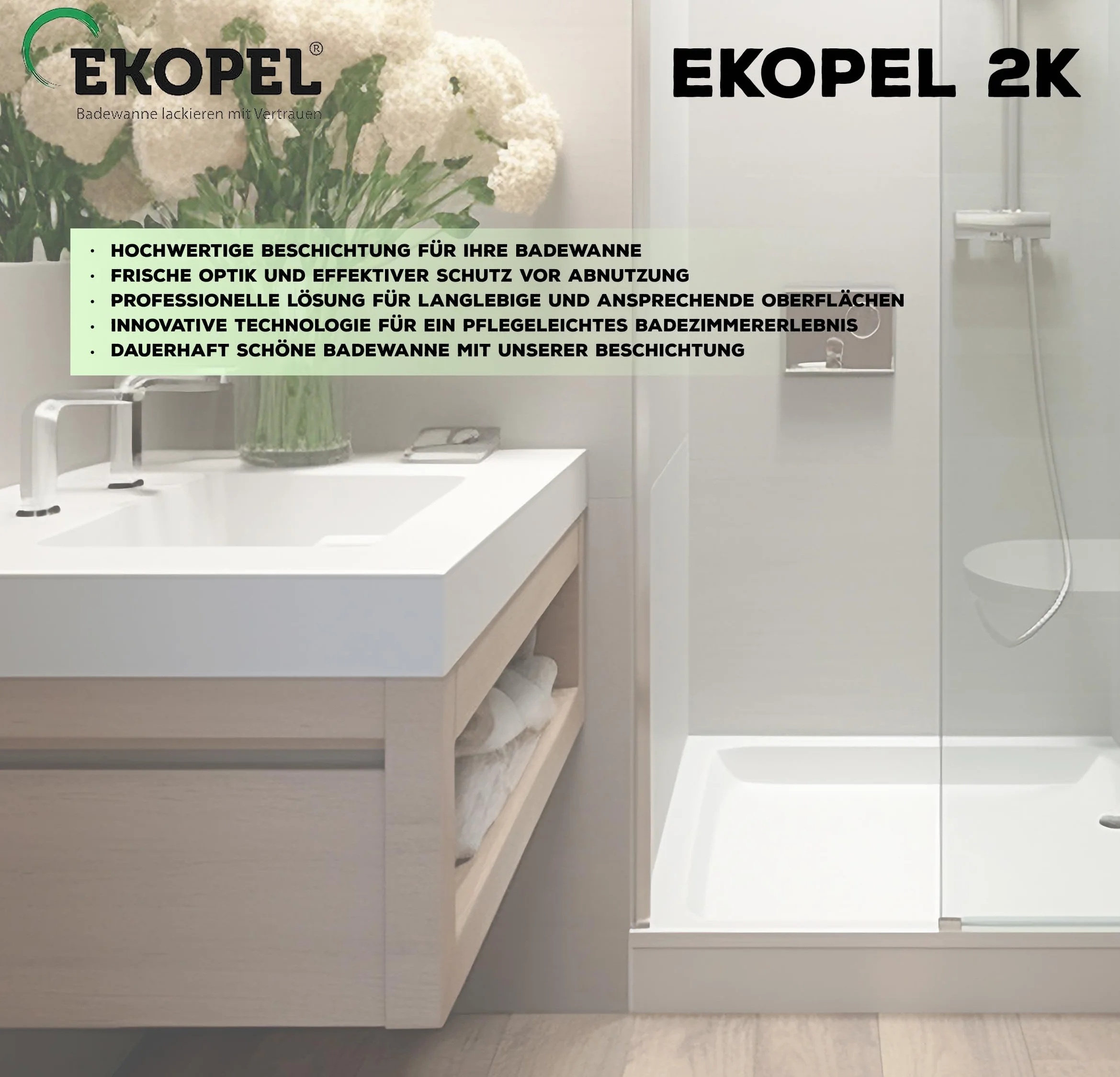 EKOPEL 2K Komplet - Lakier do wanny - Bez zapachu - Gruba warstwa - Powłoka wanny - DIN EN 71-3 - Biały (Zestaw do kabiny prysznicowej)