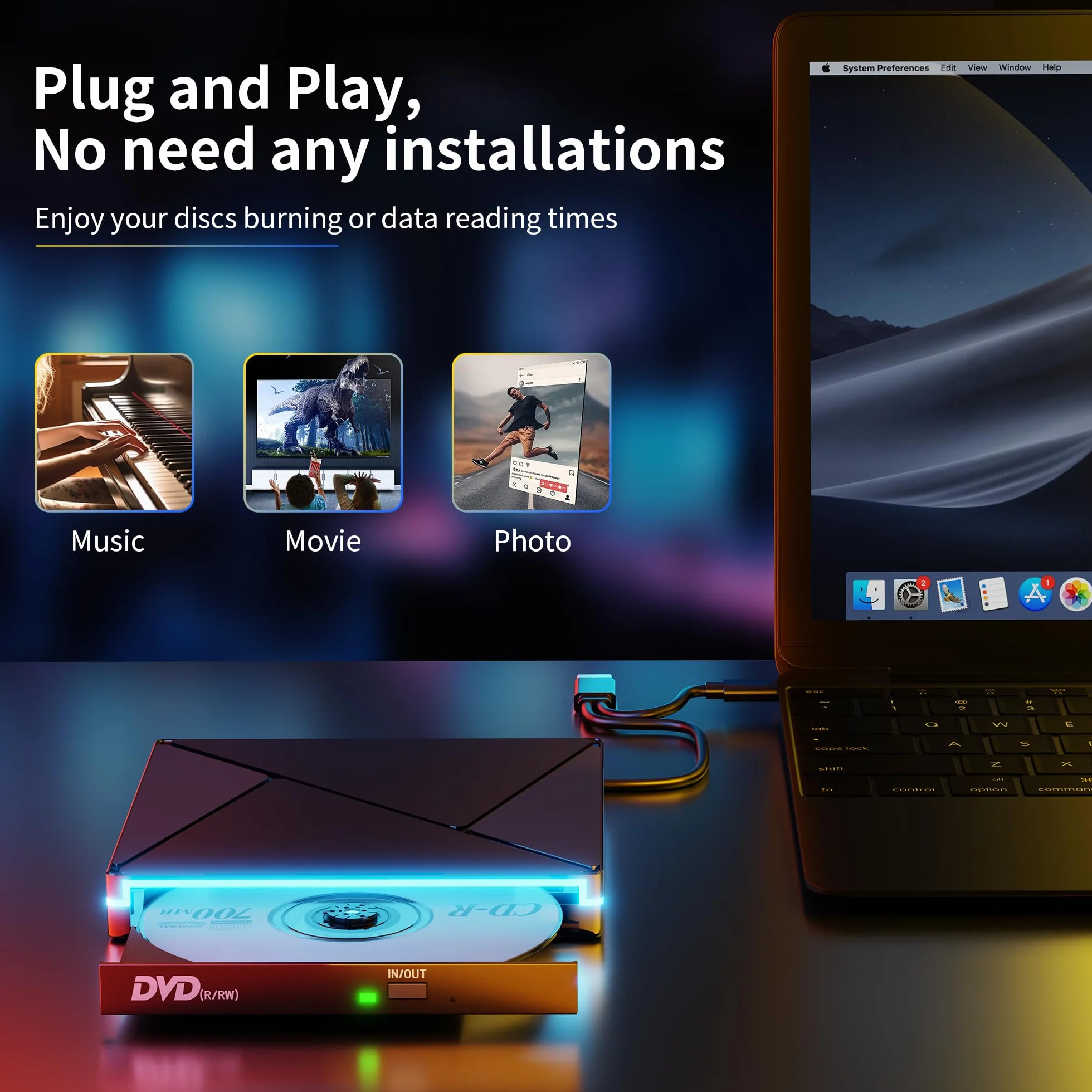 Zewnętrzny napęd CD/DVD USB 3.0 USB C z RGB do Mac i Windows