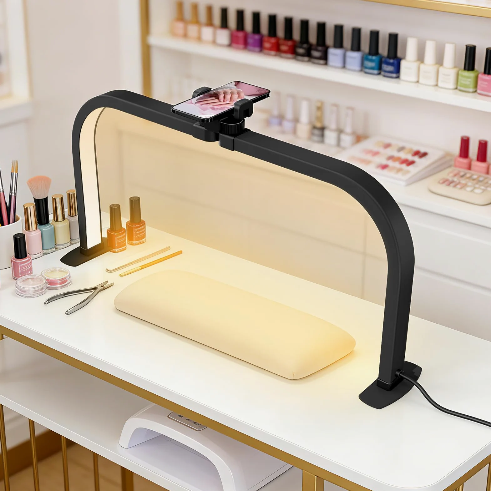 Lampa w kształcie półksiężyca, 70 cm, z uchwytem na telefon, 40 W, składana lampa kosmetyczna z 3 trybami kolorystycznymi, 10 jasności, 3000-6000 K, ściemniana lampa LED do paznokci, rzęs, tatuażu