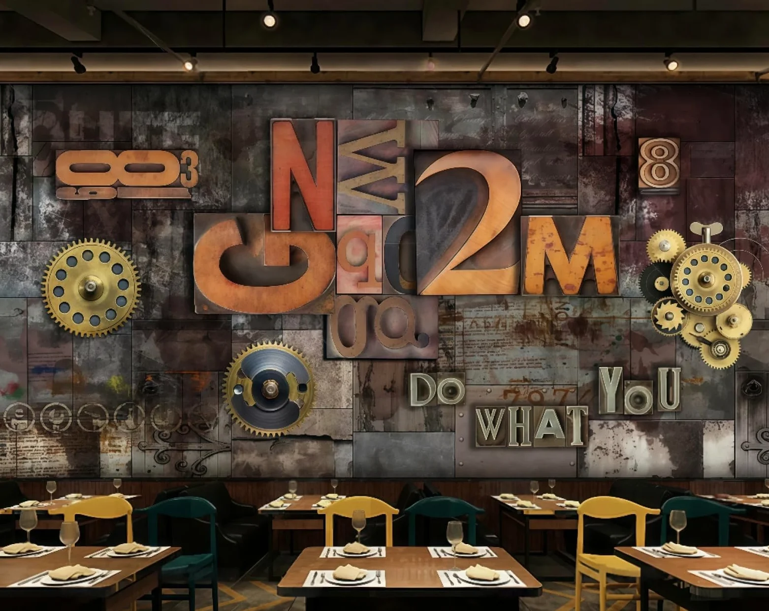 Tapeta retro żelazo mechaniczna przekładnia trójwymiarowa litera motyw bar zachodnia restauracja tło ścienne popołudniowa herbata kawa tapeta, 3D, 250x175cm