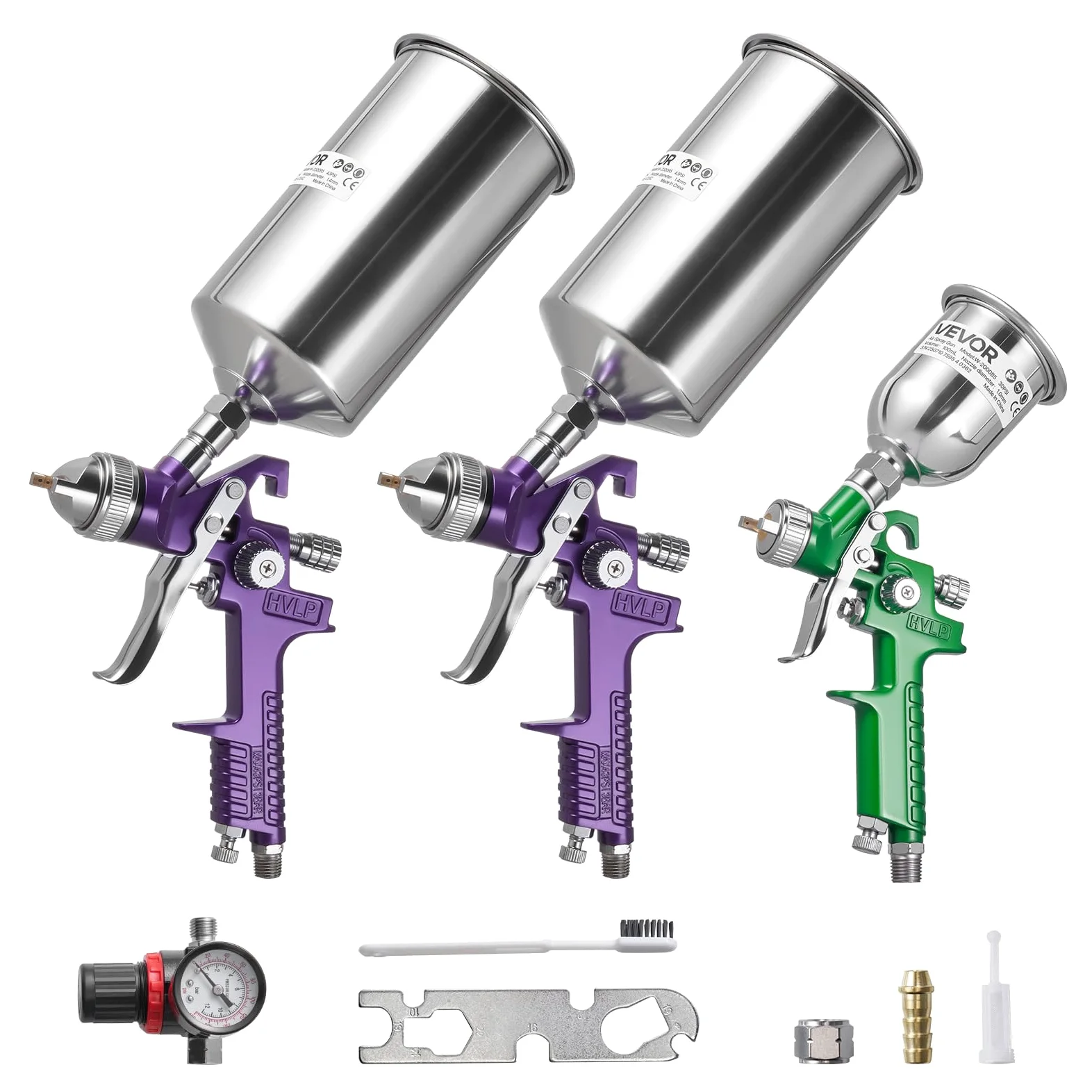 VEVOR 3-częściowy zestaw pistoletu natryskowego, profesjonalny zestaw automatycznego pistoletu natryskowego z 3 dyszami (1/1,4/1,8 mm), 3 kubki i regulator powietrza, samochodowy opryskiwacz do