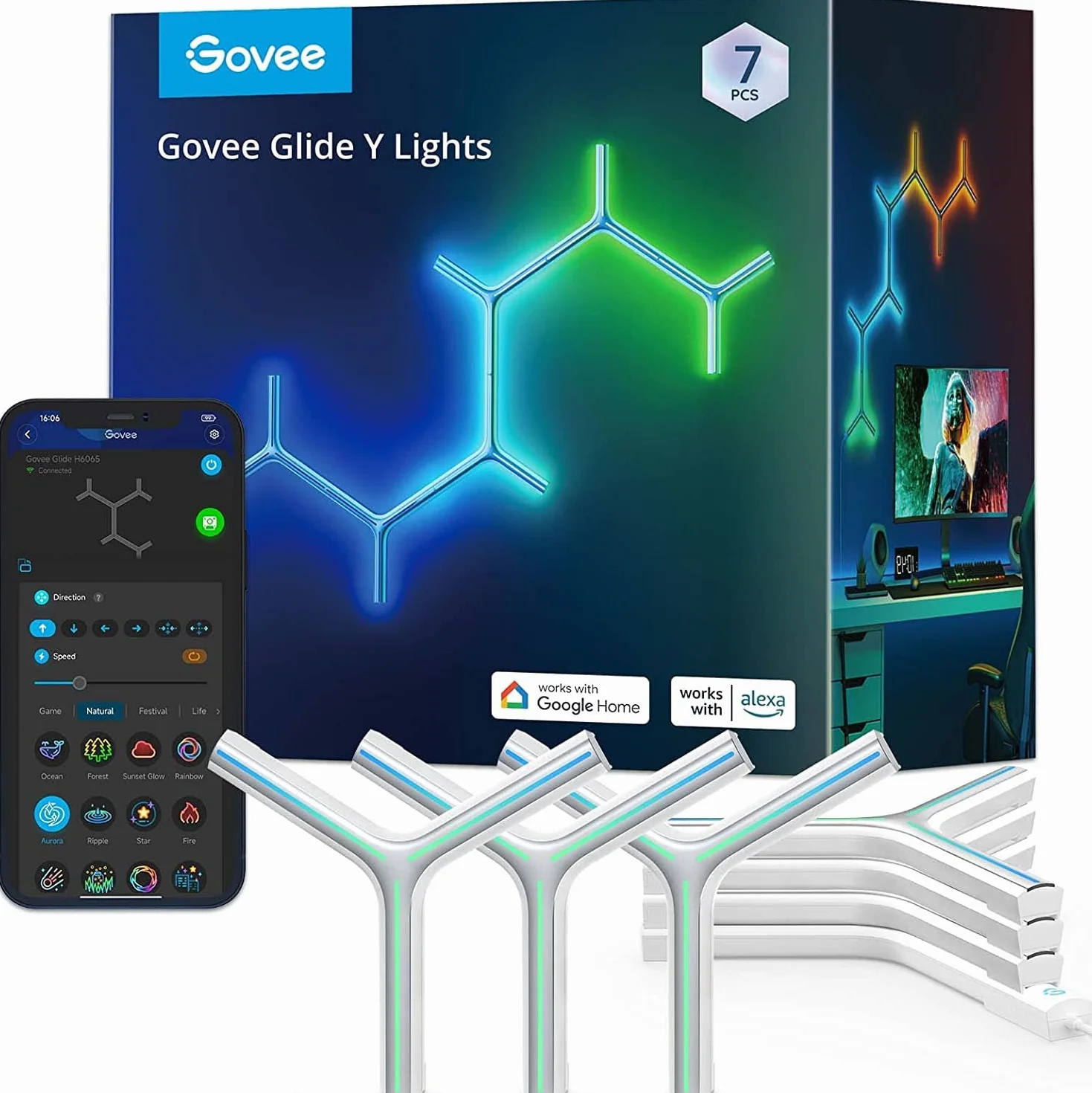 Govee Glide Y Lights, RGBIC LED Gaming Lights, Smart Home DIY kreatywne oświetlenie dekoracyjne z synchronizacją muzyki i 40+ trybów scenerii, lampy ścienne Wi-Fi do salonu, sypialni, 7 sztuk w