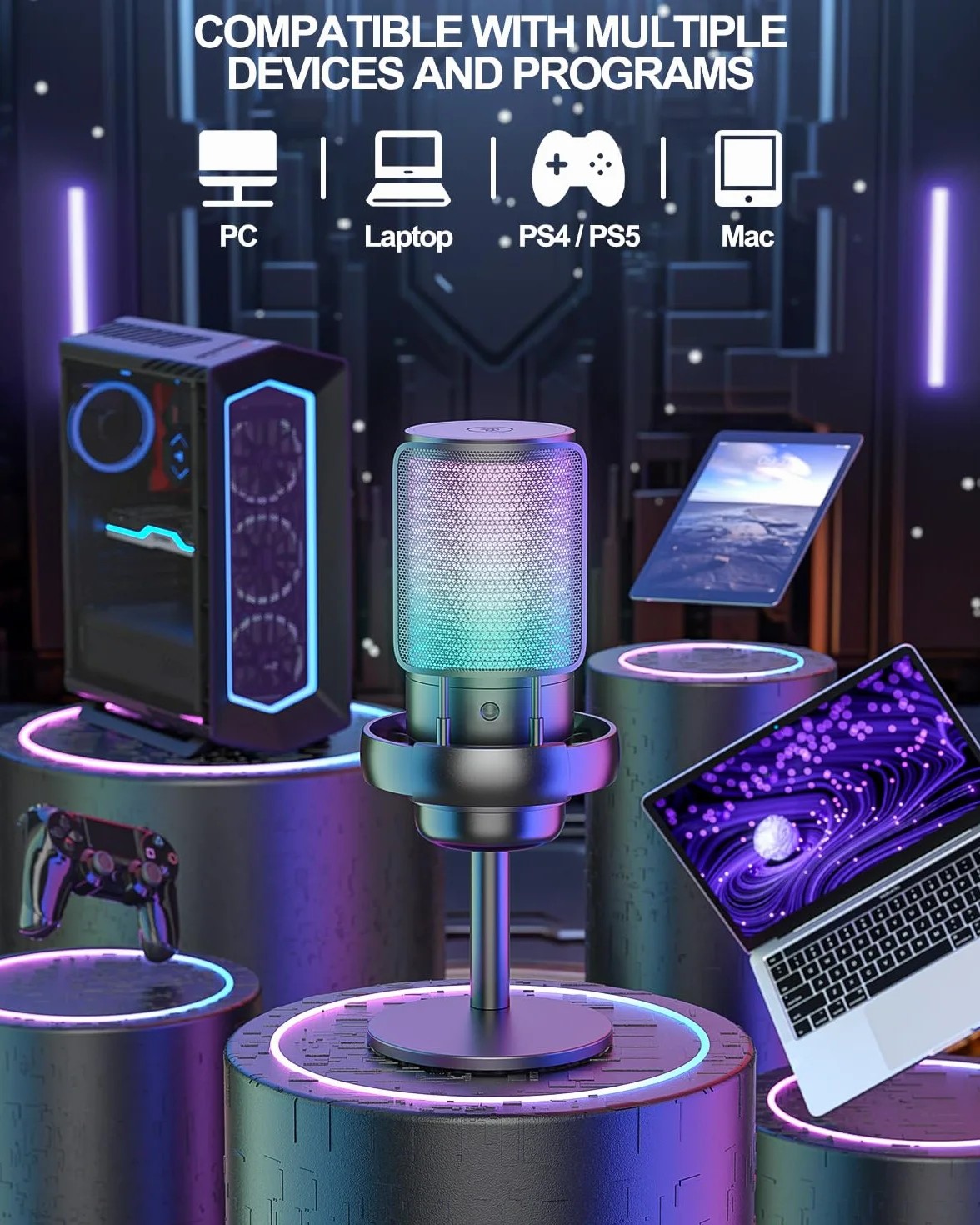 Anykuu Mikrofon Pojemnościowy RGB 24-bit/192 kHz do Gier z Wyciszeniem Jednym Klawiszem USB