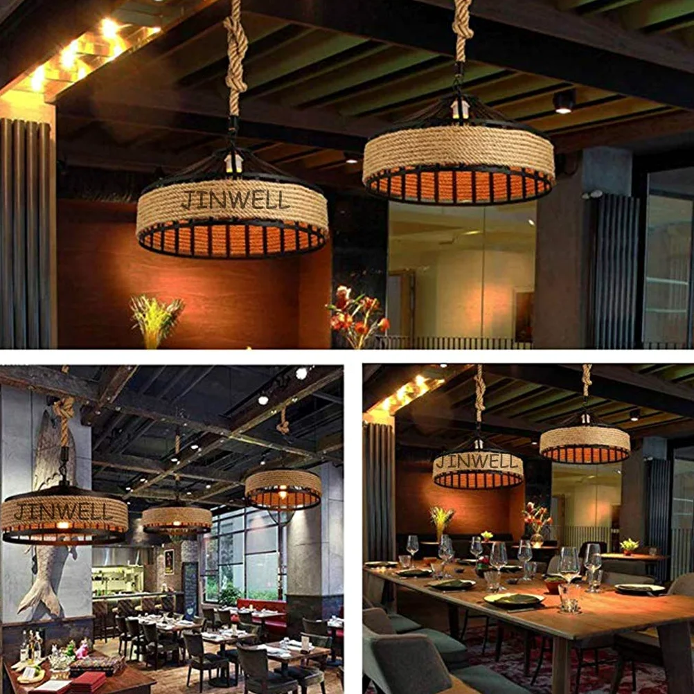 Lampa wisząca w stylu vintage/industrialnym/retro - żyrandol do salonu, okrągły, lina konopna, żelazna klatka, gwint E27, 1 głowica