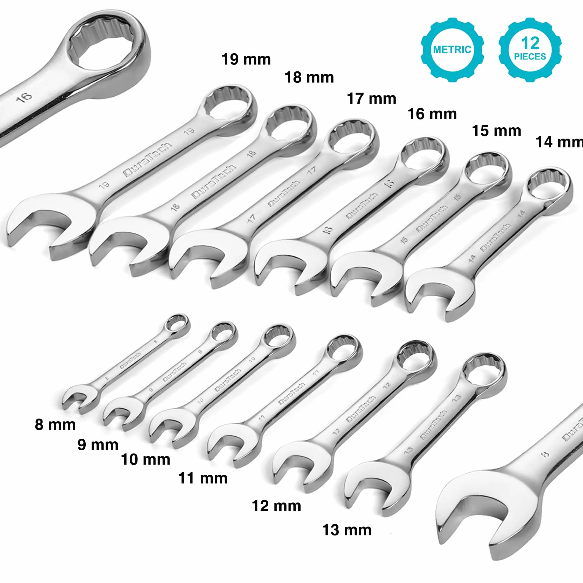 DURATECH Stubby Zestaw 12 kluczy mieszanych, otwarty koniec, 8-19 mm, stal chromowo-wanadowa, 12 sztuk, z torbą do przenoszenia